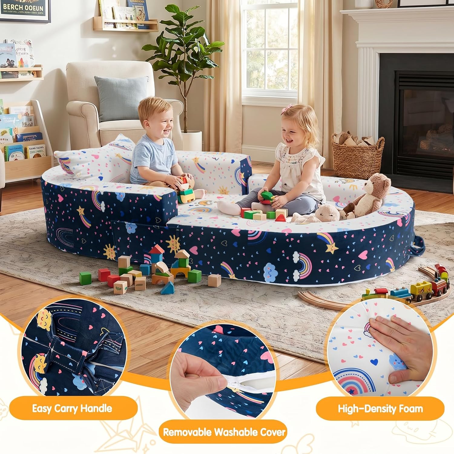 2-in-1 Toddler Travel Bed, Portable Foldable Toddler Floor Bed Converts to Soft Sofa, Kids Travel Couch with Removable Washable Cover, Ideal for Camping, Picnic, Hotel & Sleepovers - Image 4