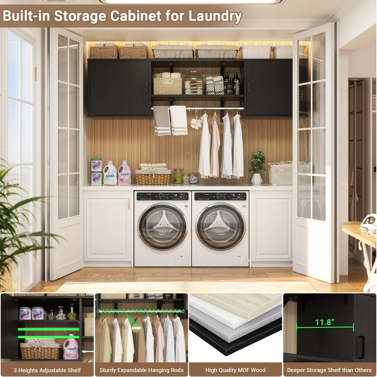 Homieasy Wall Mounted Cabinet with Hanging Rod, 65'' Wide Laundry Cabinet with 2 Shelves and Doors, Reversible, Small Storage Cabinet for Laundry, Bedroom, 300+ LBS Weight Capacity, White - Image 19