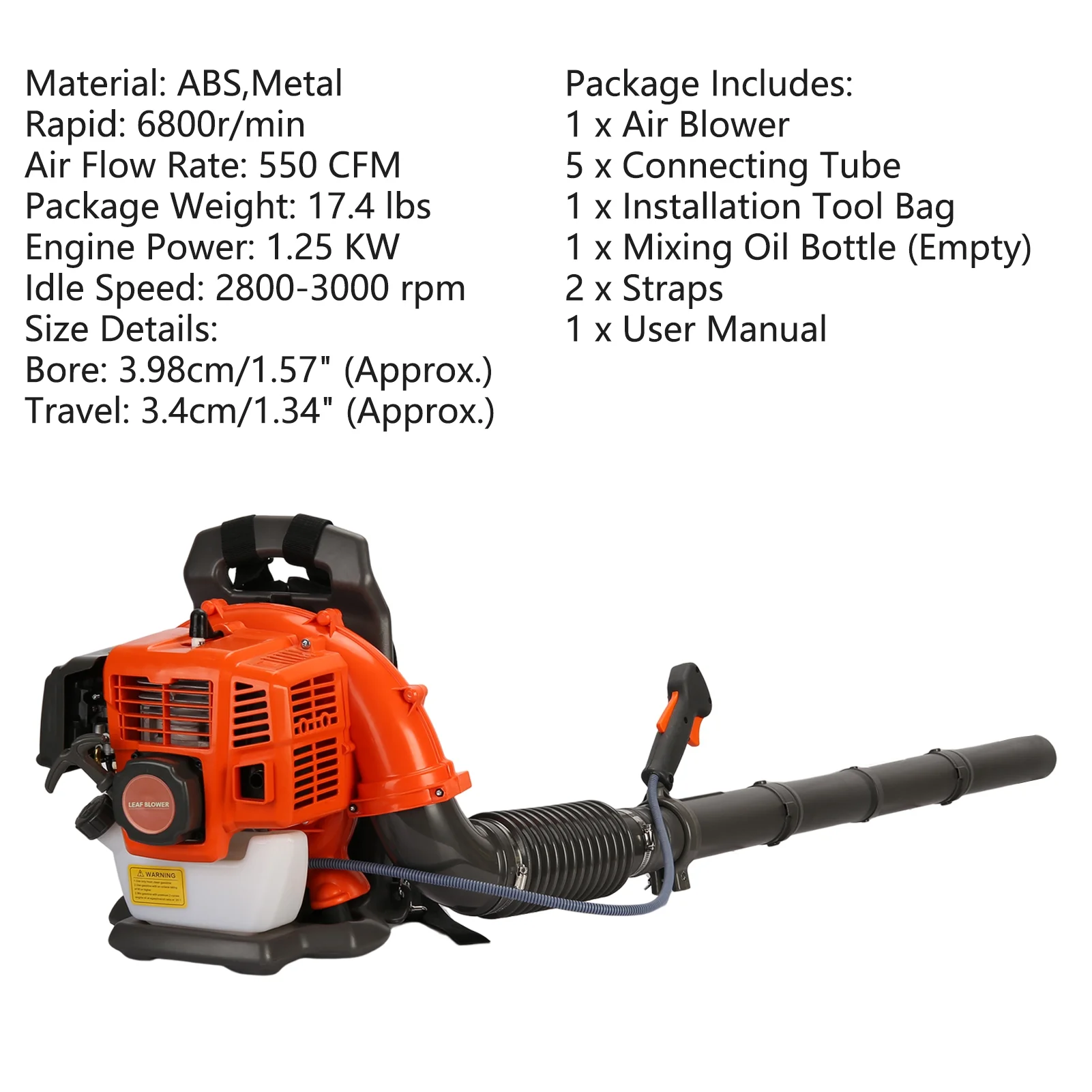 Birinta 1 Set Leaf Blower Backpack Style 52CC Two-stroke 1.25 KW Adjustable Tube Gas Powered Dust Blower Supplies for Garden Patio Cleaning, Lawn Care, Blowing Leaves and Dust - Image 4