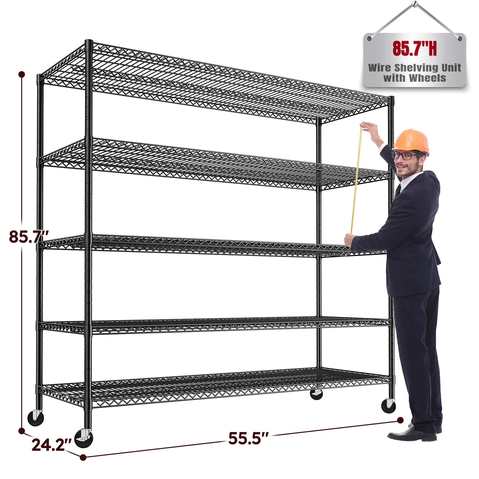 REIBII 85.7"H Storage Shelving Rack 5 Tier Wire Shelves with Wheels 3000Lbs Adjustable Garage Shelving Unit for Kitchen Pantry,55.2"W x 24.2"D - Image 7