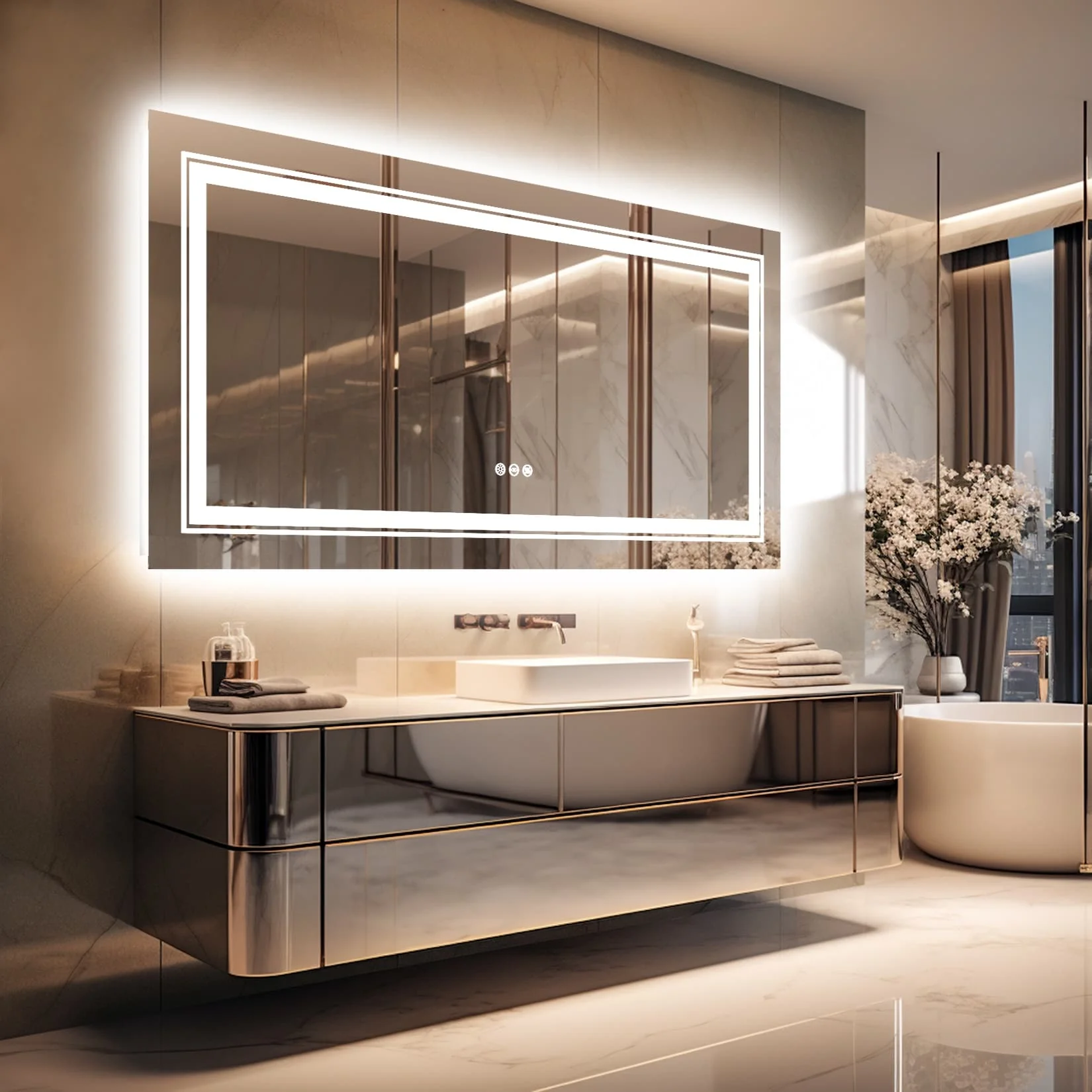 Extra Large LED Lighted Bathroom Mirror, Anti-Fog Wall Mounted Vanity Mirror with 3 Colors - Image 2