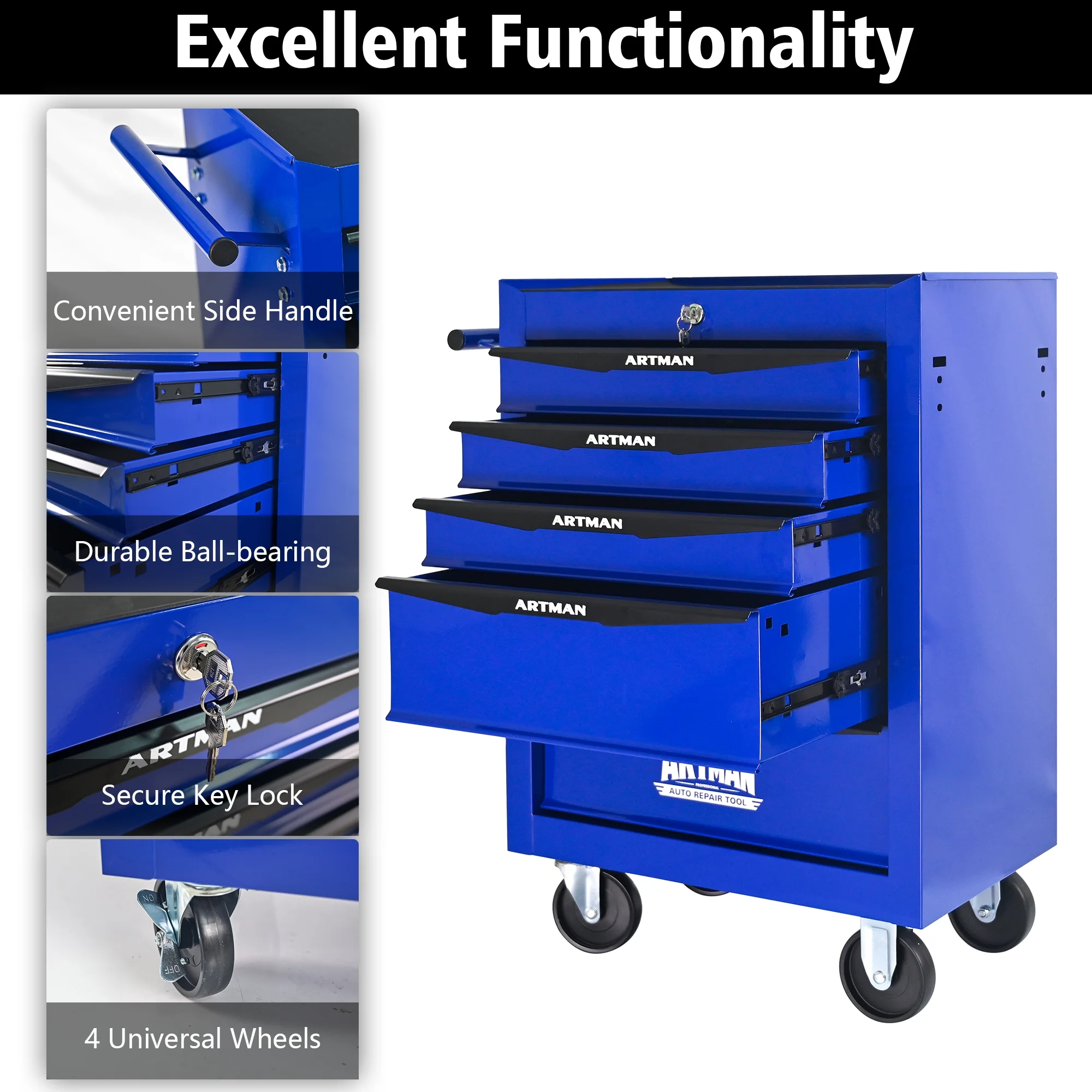 Rolling Metal Tool Chest Cabinet with 5 Drawers & Ball Bearing Drawer Slides, Steel Tool Storage Box Organizer -BLUE - Image 3