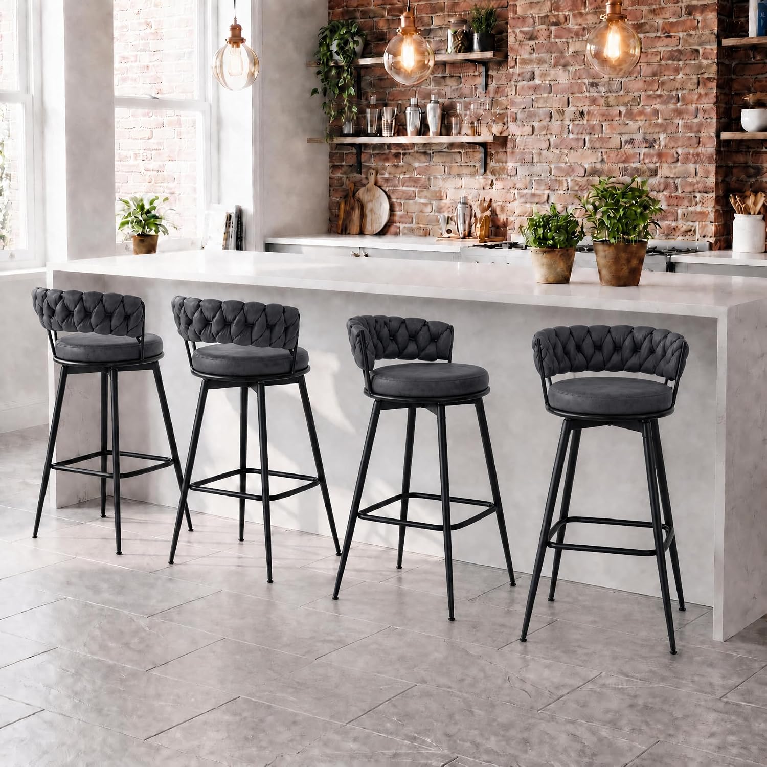 Bar Stools Set of 2 Upholstered Kitchen Counter Height Barstool Grey - Image 16