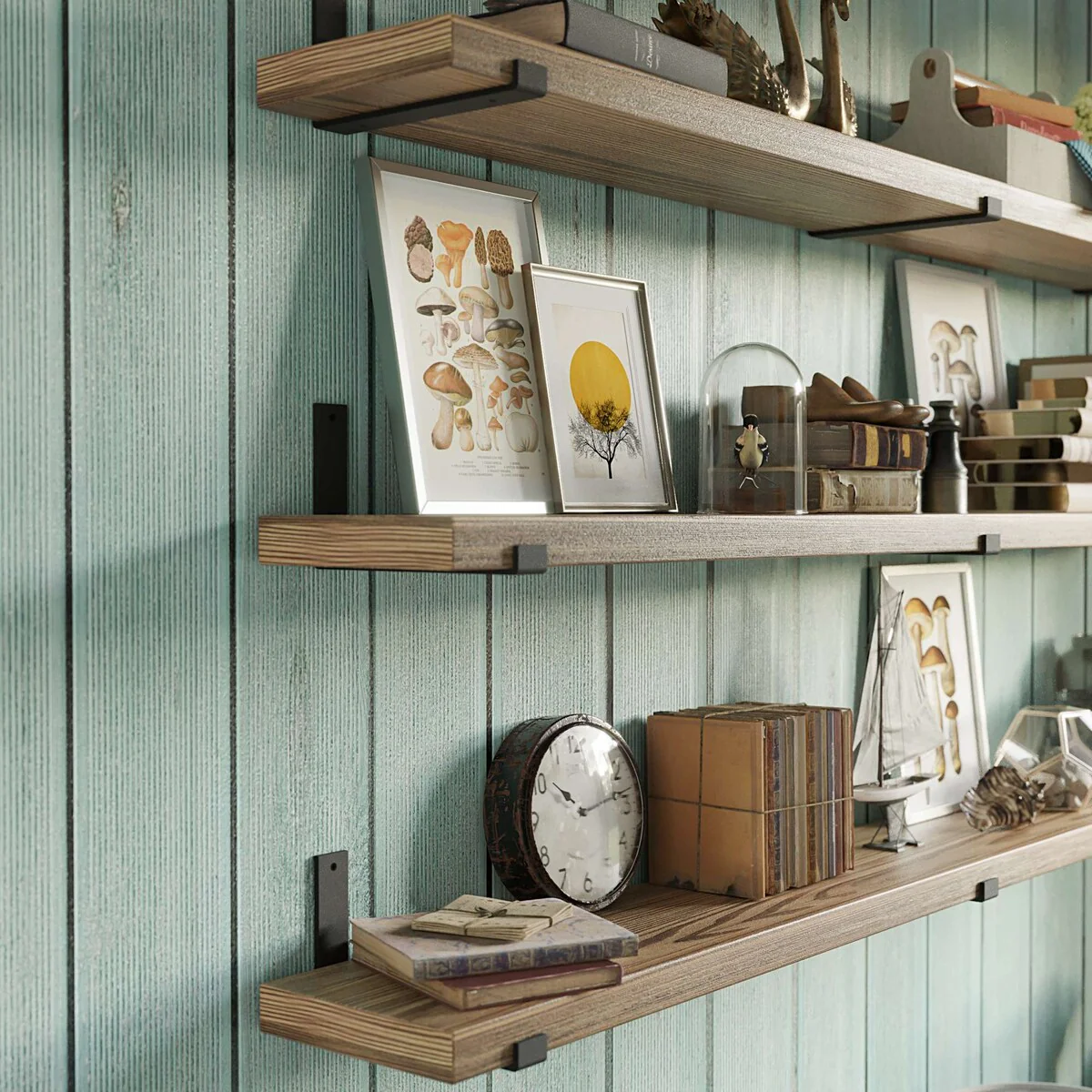 72 Inch Floating Wood Wall Shelves, Set of 3 Burnt Wood Display and Storage Shelves for Home Decor - Image 6