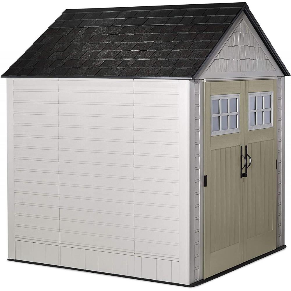 7 7 Ft Durable Weather Resistant Resin Outdoor Garden Storage Shed with Windows and Utility Hooks, Sand - Image 4