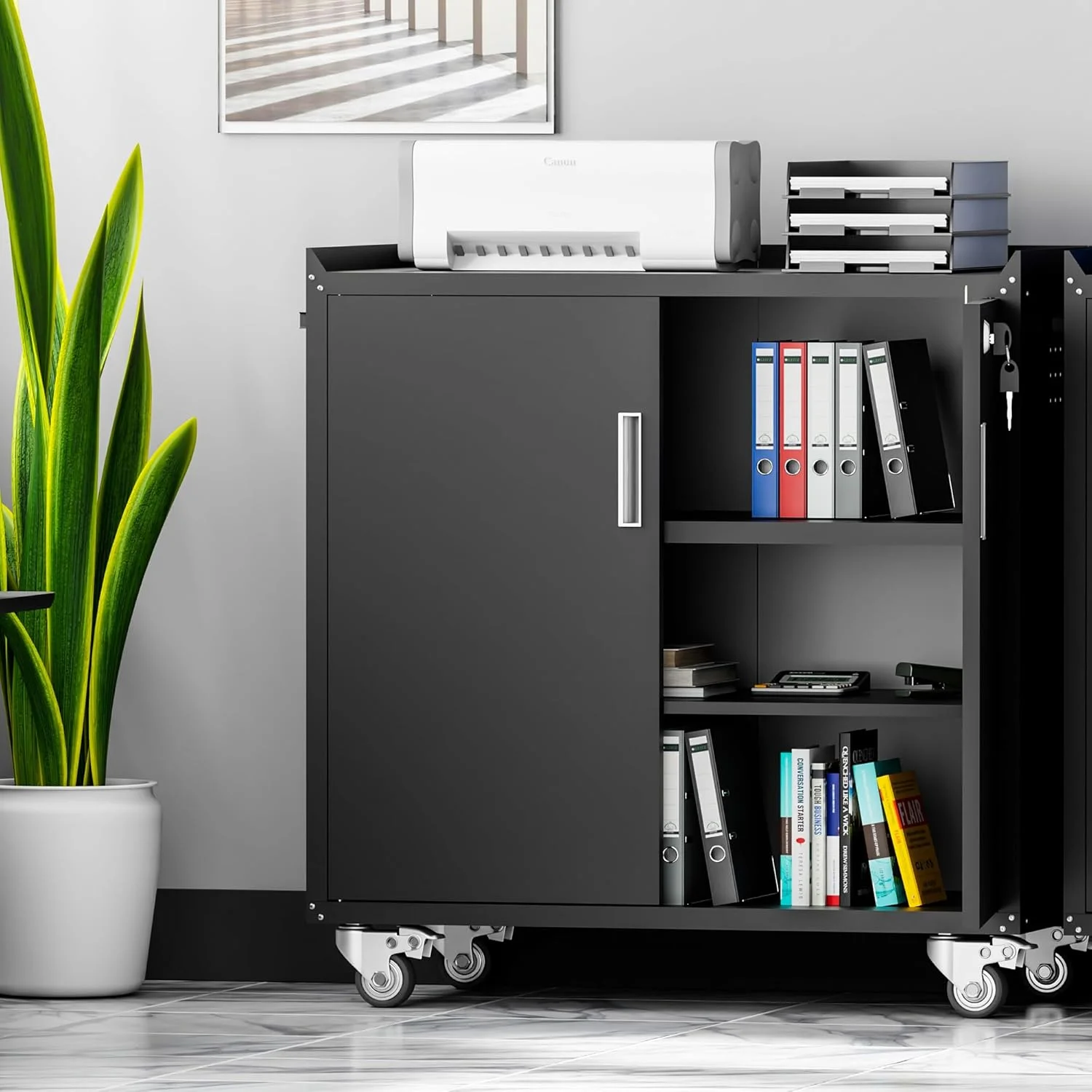 GXK-Home Metal Garage Storage Cabinet With Lock and Hook Hole,Tool Chest with Wheels for Workshop,Black - Image 5