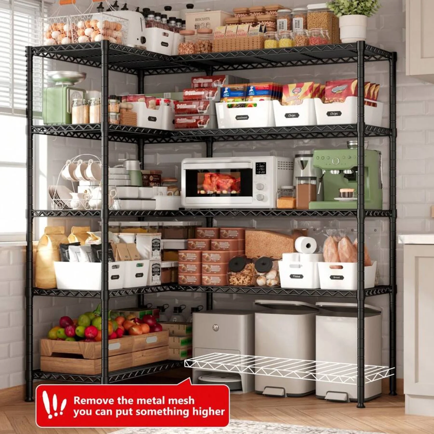 NTGFU 1500 LBS Storage Shelves, 61.7"W Wire Shelving Unit, 5 Tier Metal Shelving for Storage, Rack Shelves for Storage, Heavy Duty Garage Shelf, Pantry Shelves, Kitchen Shelving - Image 3
