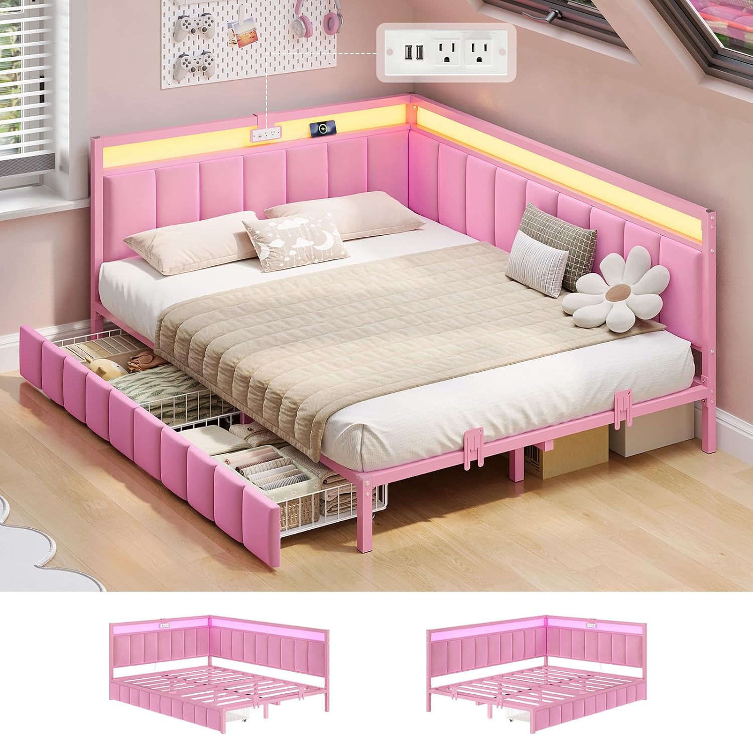 Corner Bed Frame with Storage Drawers, Twin Daybed with Line Fabric Upholstered Fence, Kids Bed Unit with LED Light and Charging Station, Modern Bed Frame Twin Size, Beige - Image 10