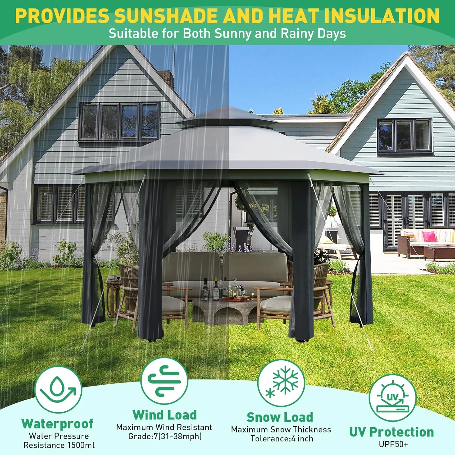 Pop Up Gazebo 13x13ft, Hexagonal Outdoor Canopy Shelter, Instant Patio Gazebo Tent with Mesh Netting and Strong Steel Frame for Patio Backyard Garden Wedding Party - Image 17
