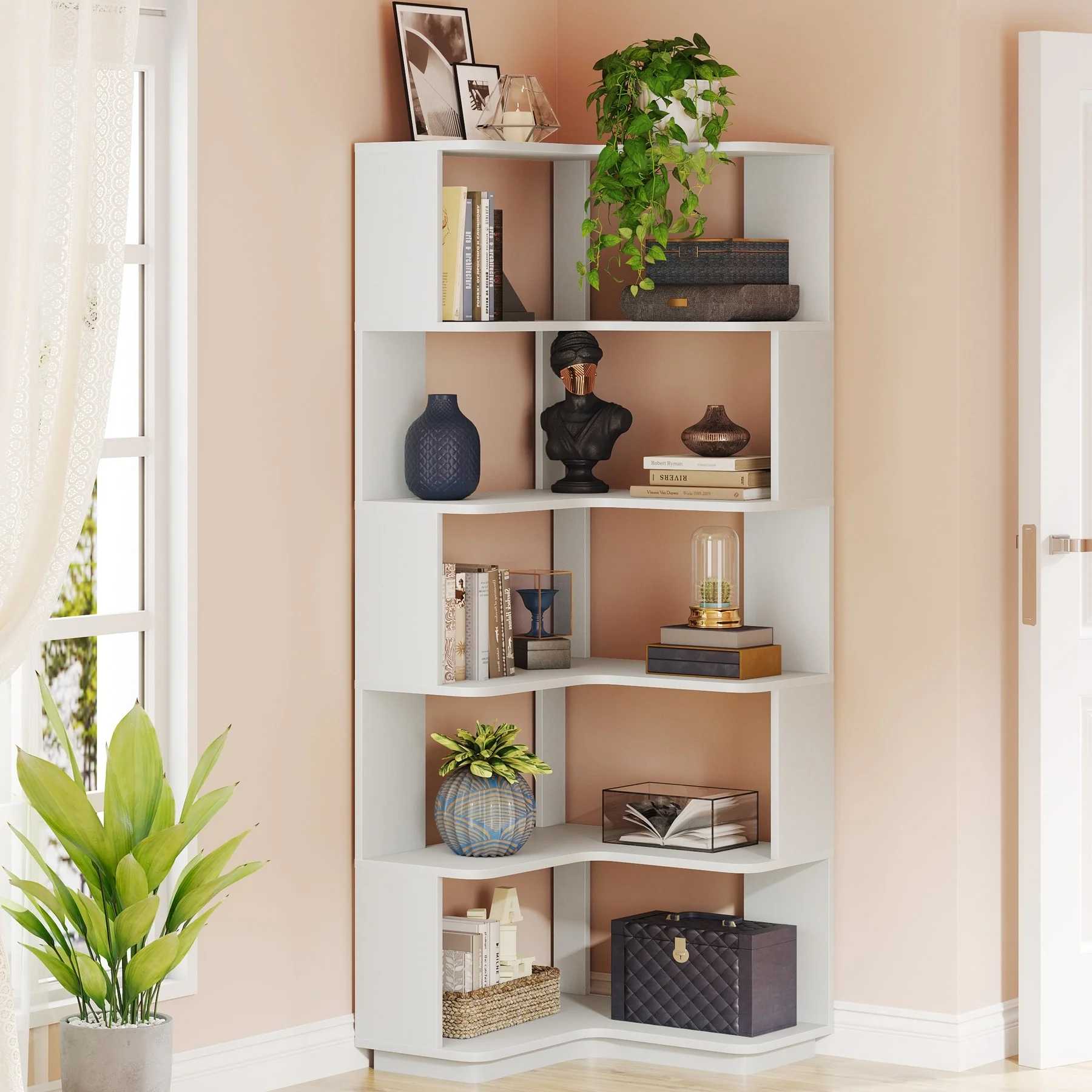 64.9 Inch Tall 6-Tier Corner Bookshelf, Freestanding Wood Industrial Bookcase - Image 29