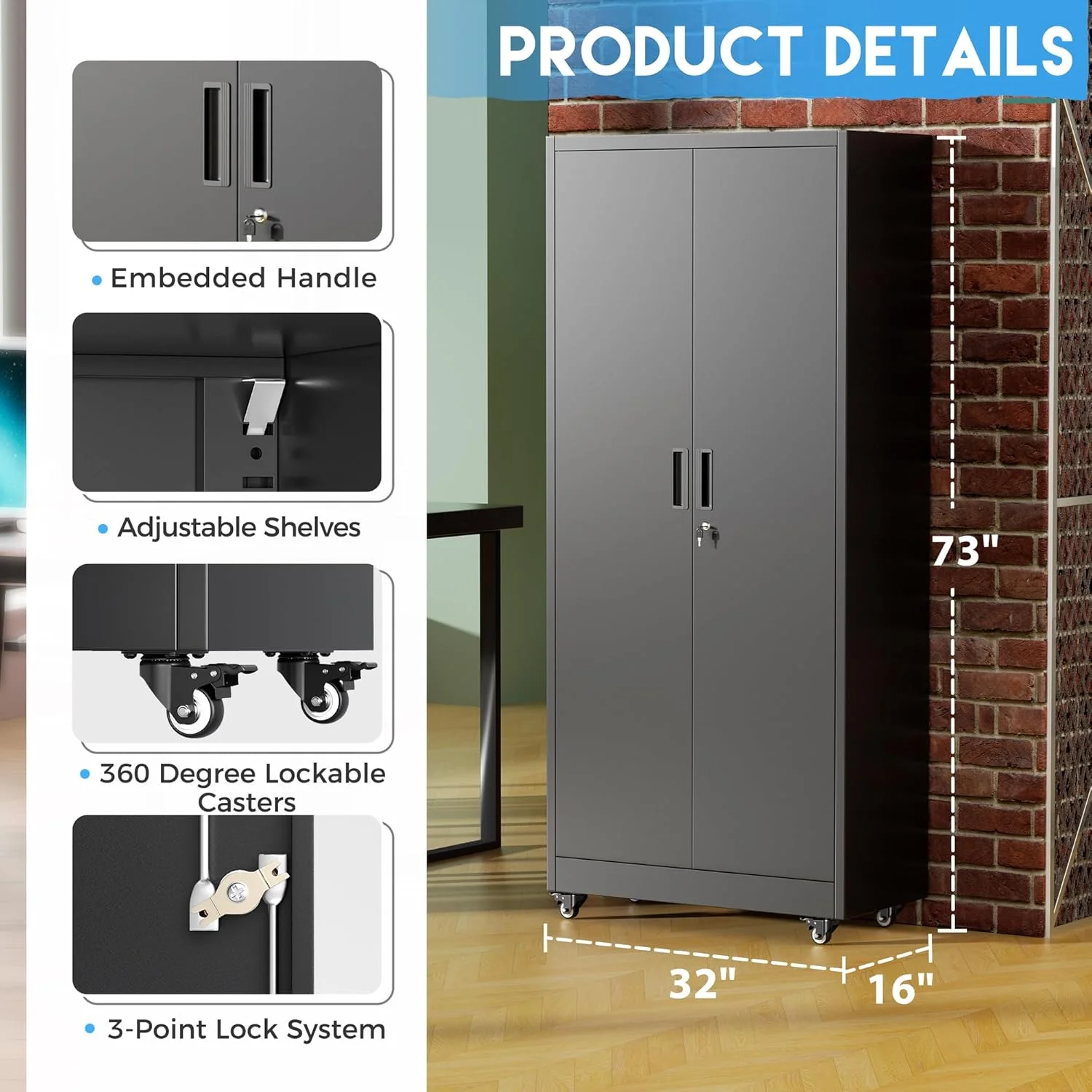 SOLAURA Metal Storage Cabinet with Wheels, 73" Garage Rolling Cabinet with Locking Door and 4 Shelves, Tool Cabinet on Caster for Home, Office, Black - Image 4