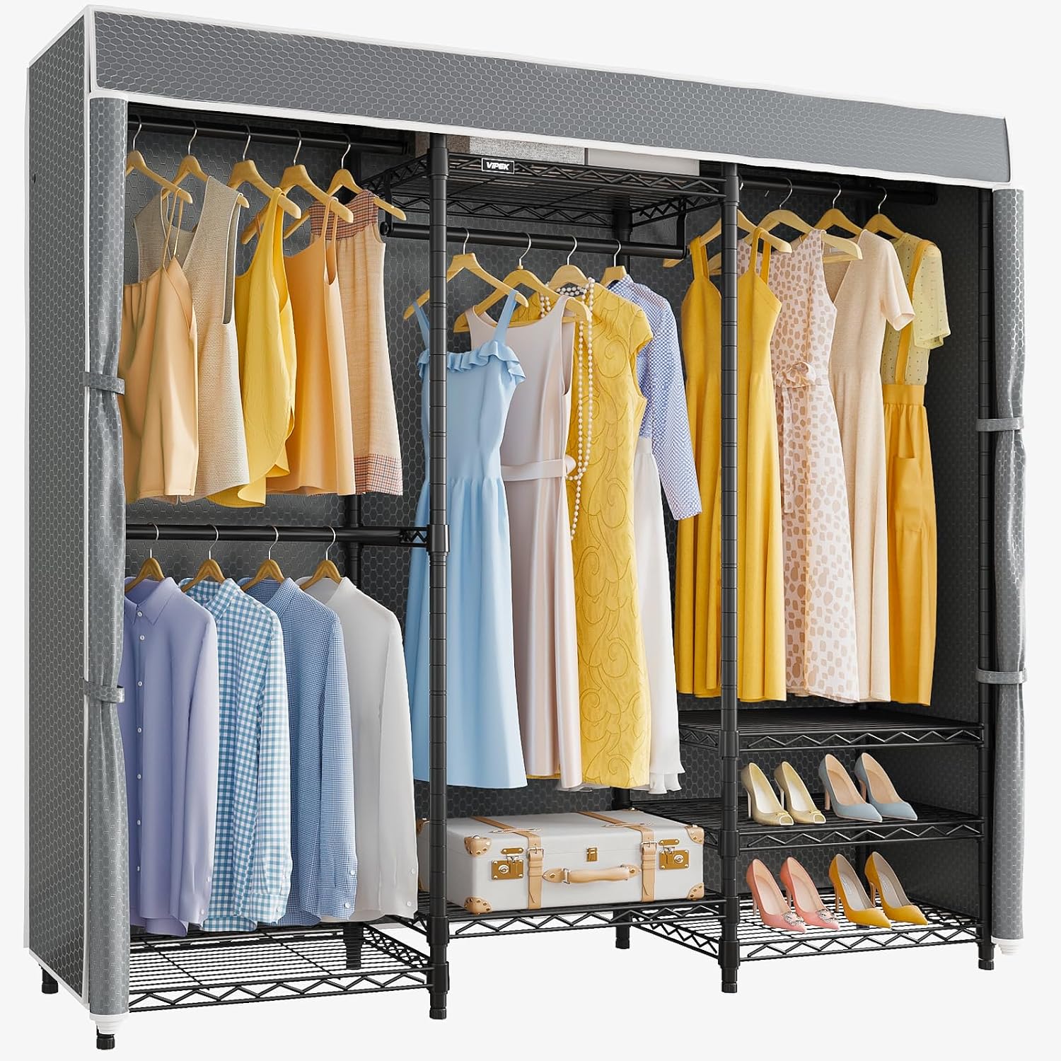 V5C Heavy Duty Covered Clothes Rack Portable Closet Rack, Black Metal Clothing Rack with Black Upgraded Polyester Cover, Adjustable Custom Freestanding Closet Wardrobe, Max Load 800LBS - Image 5