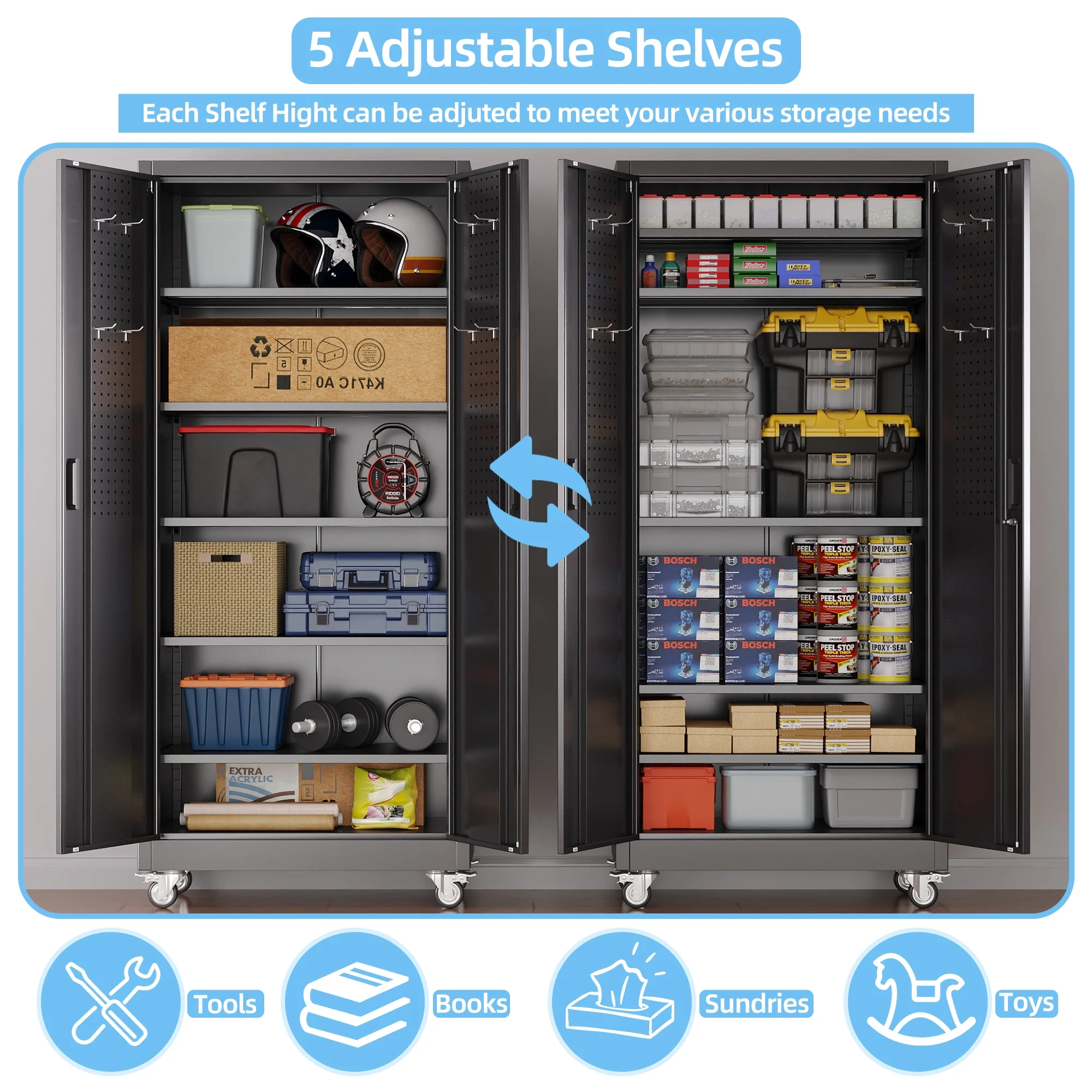 Gaeanet Rolling Tool Storage Cabinet with 5 Adjustable Shelves and Pegboard,Metal Garage Storage Cabinet with Wheels for Garage Home Office Utility Room,71" H-32" W-16" D,Required Assembly, Black - Image 2