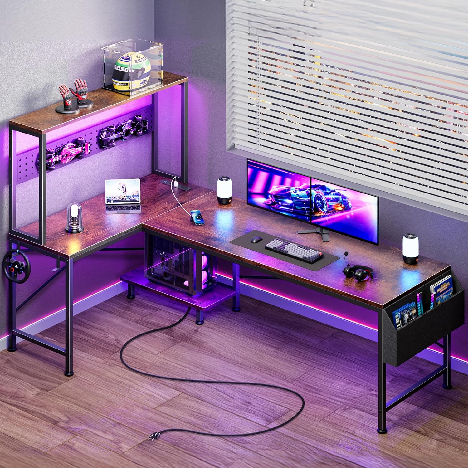 L Shaped Gaming Desk with LED Lights & Power Outlets - Image 7