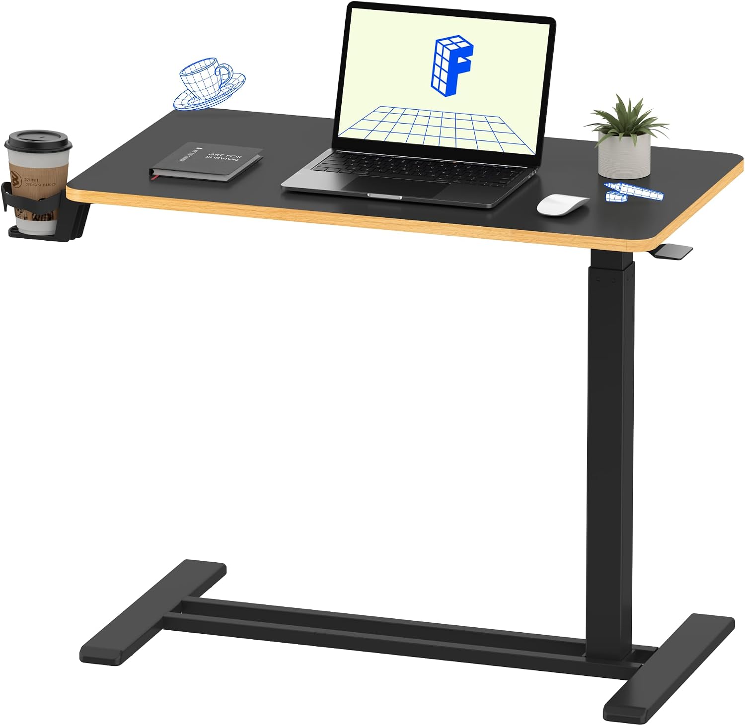 H7 32" Pneumatic Height-Adjustable Overbed Table with Wheels