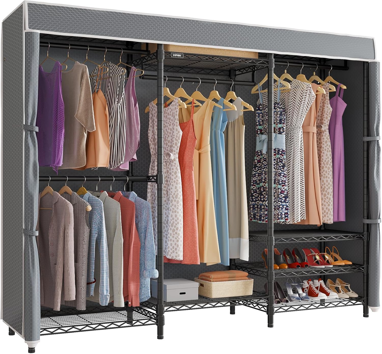 V5C Heavy Duty Covered Clothes Rack Portable Closet Rack, Black Metal Clothing Rack with Black Upgraded Polyester Cover, Adjustable Custom Freestanding Closet Wardrobe, Max Load 800LBS - Image 8