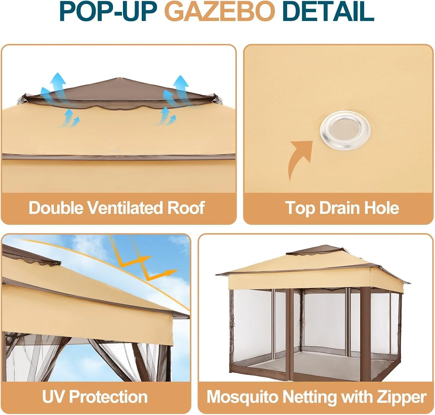 COBIZI 11x11 Pop up Gazebo Outdoor Canopy Gazebo Patio Gazebo with Mosquito Netting Canopy Shelter with 121 Square feet of Shade for Poolside, Garden, Party and Backyard, Khaki - Image 33