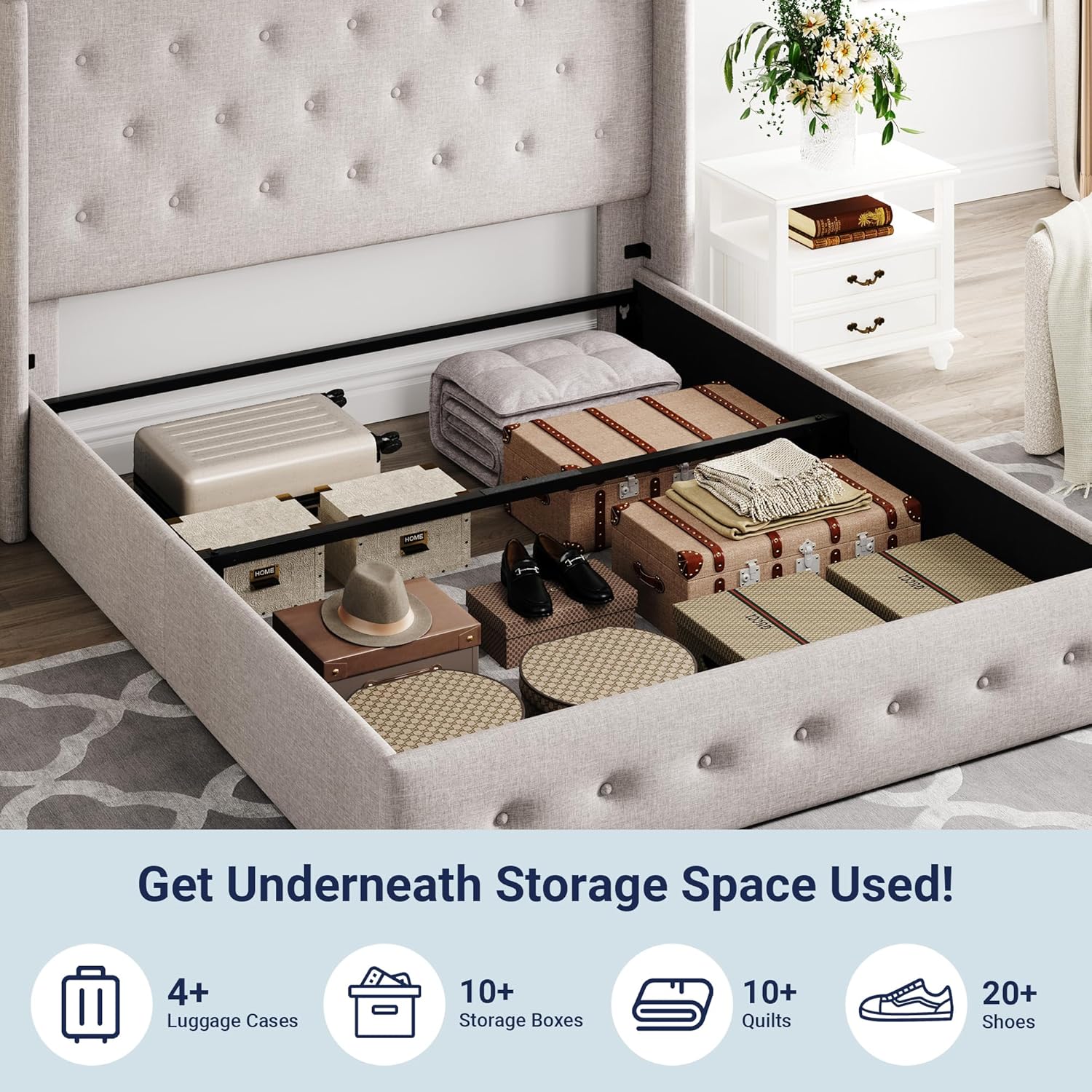Queen Size Lift Up Storage Bed with Wingback Headboard, Upholstered Platform Bed Frame with Hidden Storage - Image 127