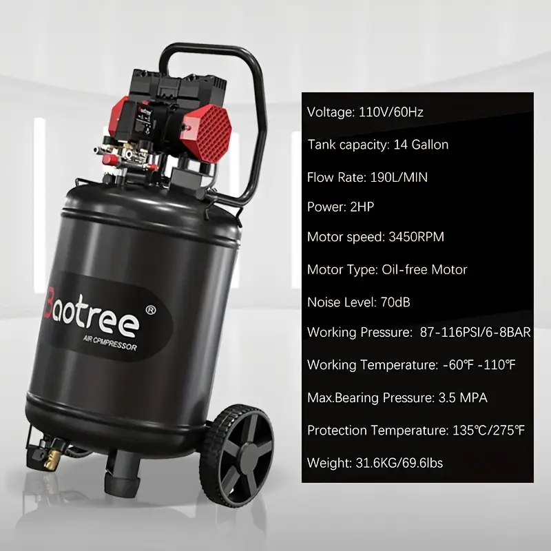 Datingday Ultra Quiet Air 8 Gallon 1.6HP Compressor with Two Quick Couplers & Wheels,Fast 60-Second Inflation & Auto Safety Features ,Max 115 PSI Oil-Free Air Compressor Tank for Home/Commercial Use - Image 19