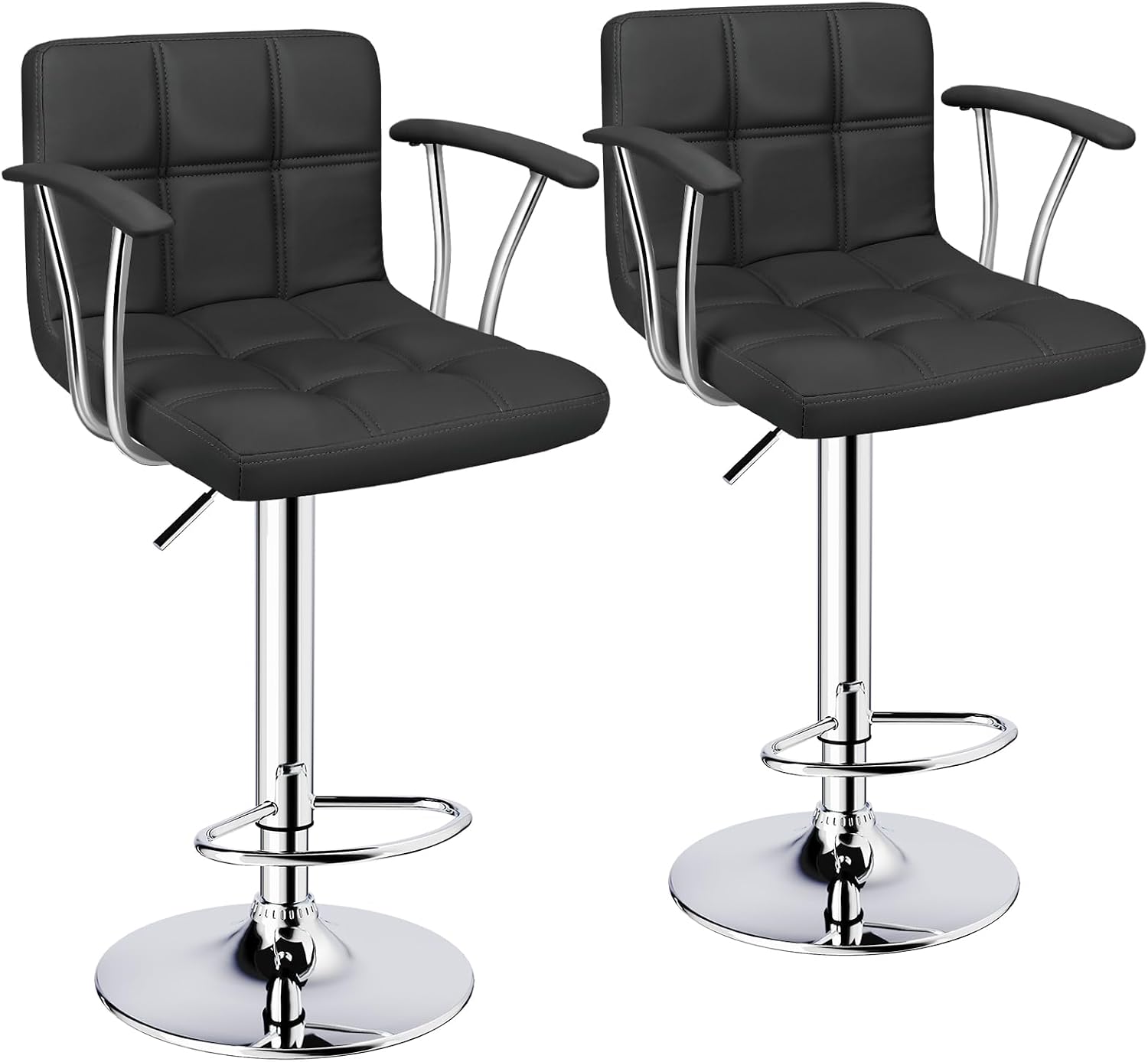 Bar Stools Set of 2, PU Armrest Adjustable Swivel Barstools with Back,Black