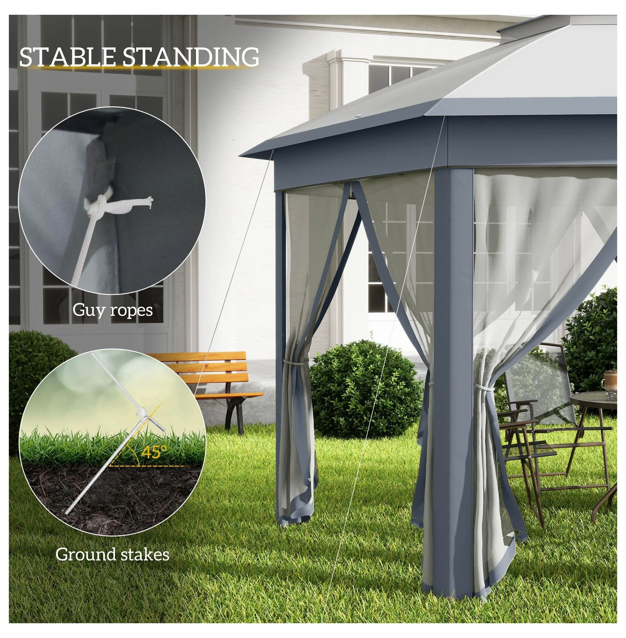 SAZYY 13'x13' Pop Up Gazebo Hexagonal Canopy Shelter with 6 Zippered Mesh Netting for Patio Backyard Garden Wedding Party - Image 6