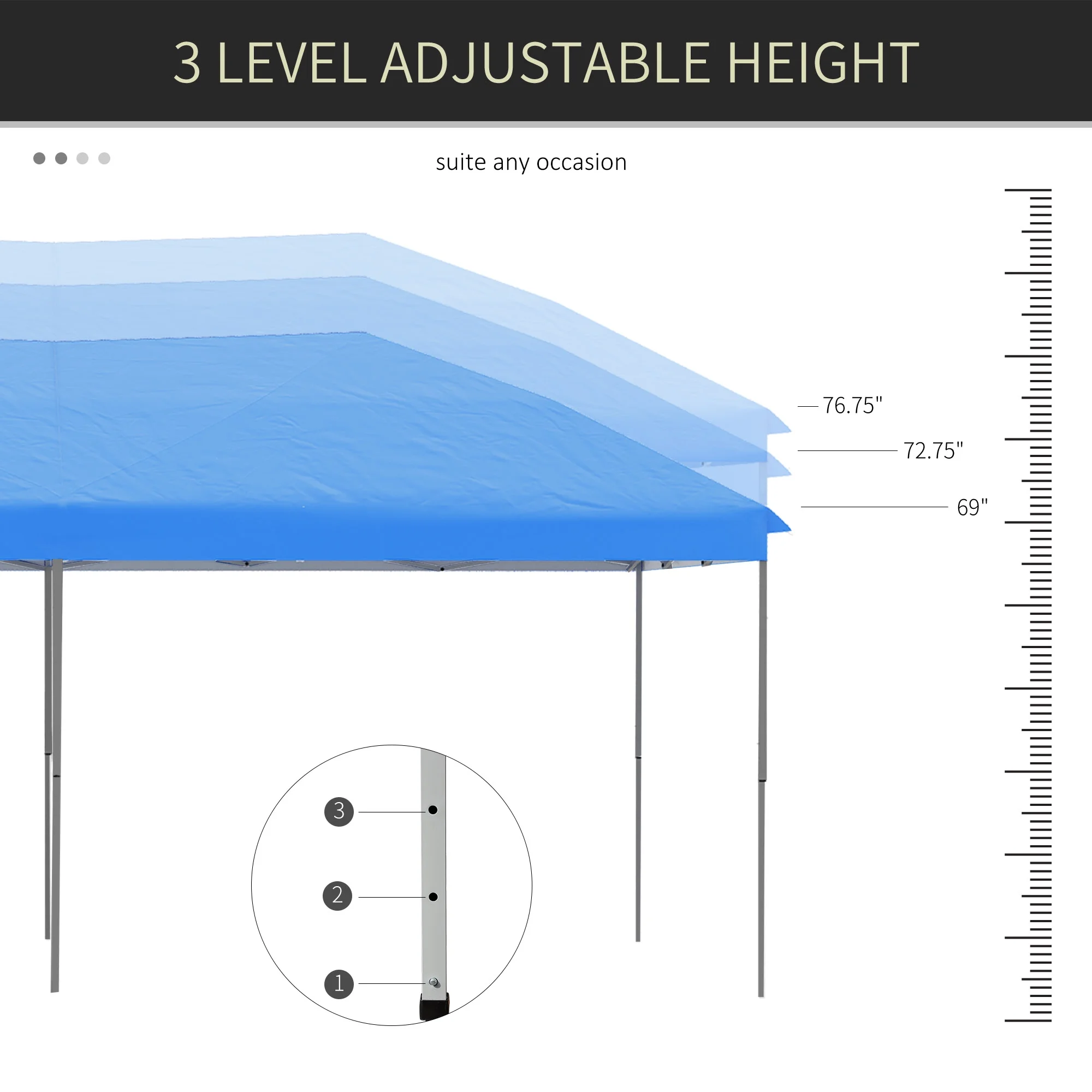 Outsunny 10' x 19' Pop Up Canopy with Easy Up Steel Frame, 3-Level Adjustable Height and Carrying Bag, Sun Shade Event Party Tent for Patio, Backyard, Garden, Blue - Image 7