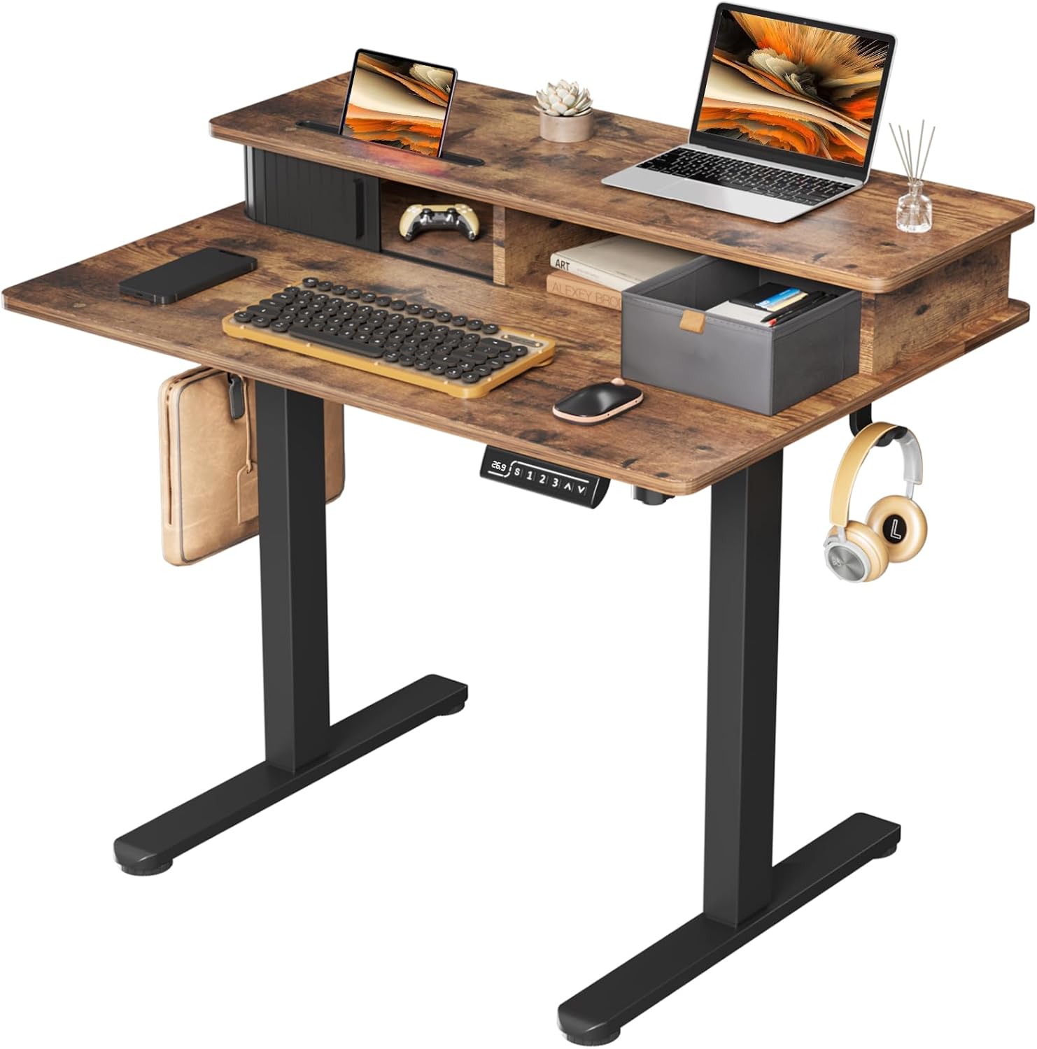 35" Small Electric Standing Desk with Monitor Stand & Drawer Stand Desk - Image 5