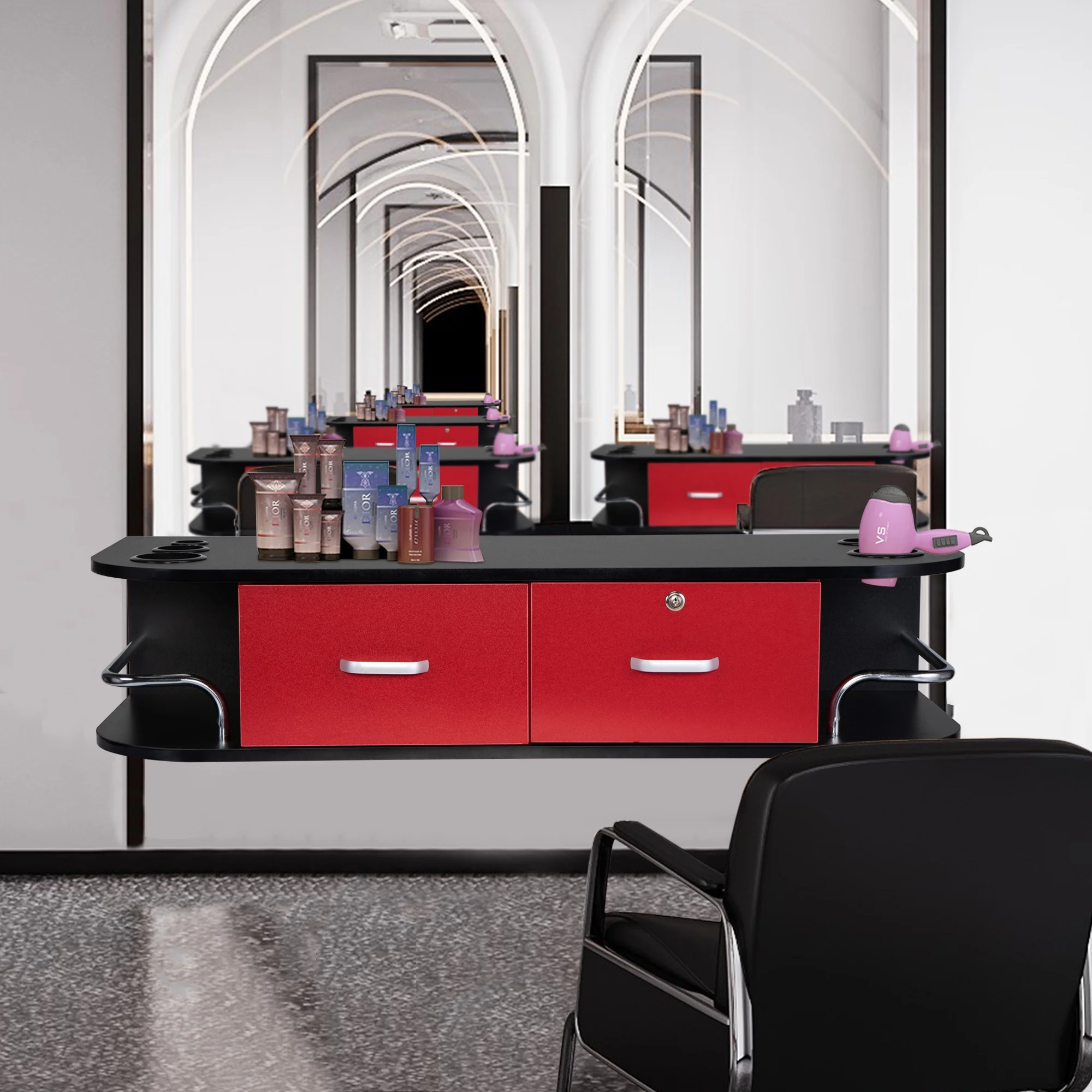 RESHABLE Modern Wall-Mounted Salon Station Barber Cabinet with Locking Drawer Storage Table for Hair Stylist Black - Image 12