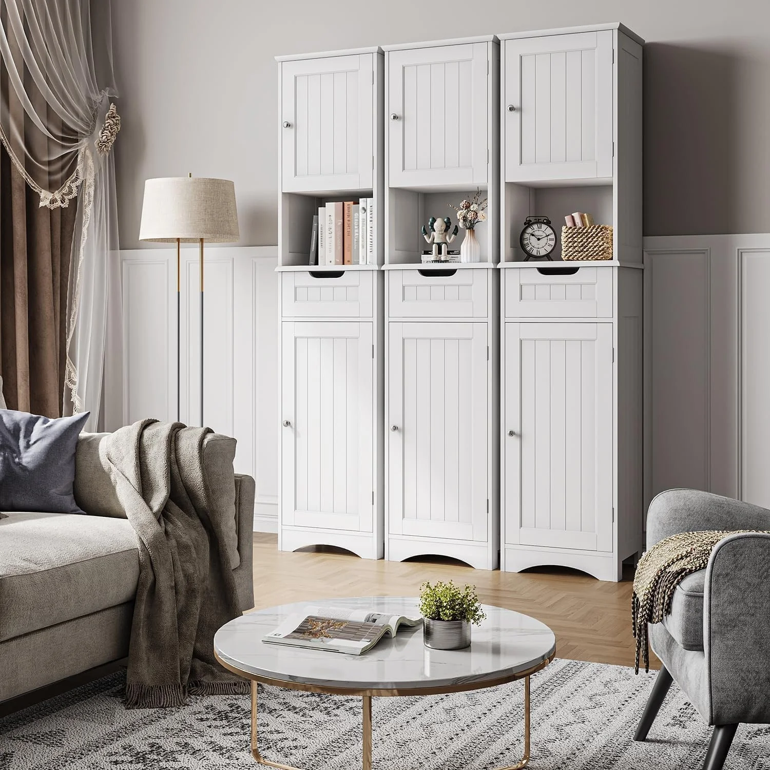 67 Inch Tall Narrow Bathroom Linen Cabinet, 5-Tier Solid Wood Freestanding Storage Cabinet - Image 16