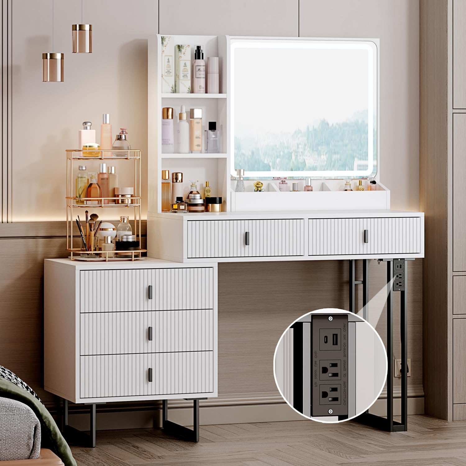 Large Vanity Desk with 3 Color Touch Screen Dimming Mirror, Vanity Desk with Charging Station, Modern Retractable Makeup Dressing Table, Vanity Table With storage shelves and 5 Sliding Drawers, White - Image 3