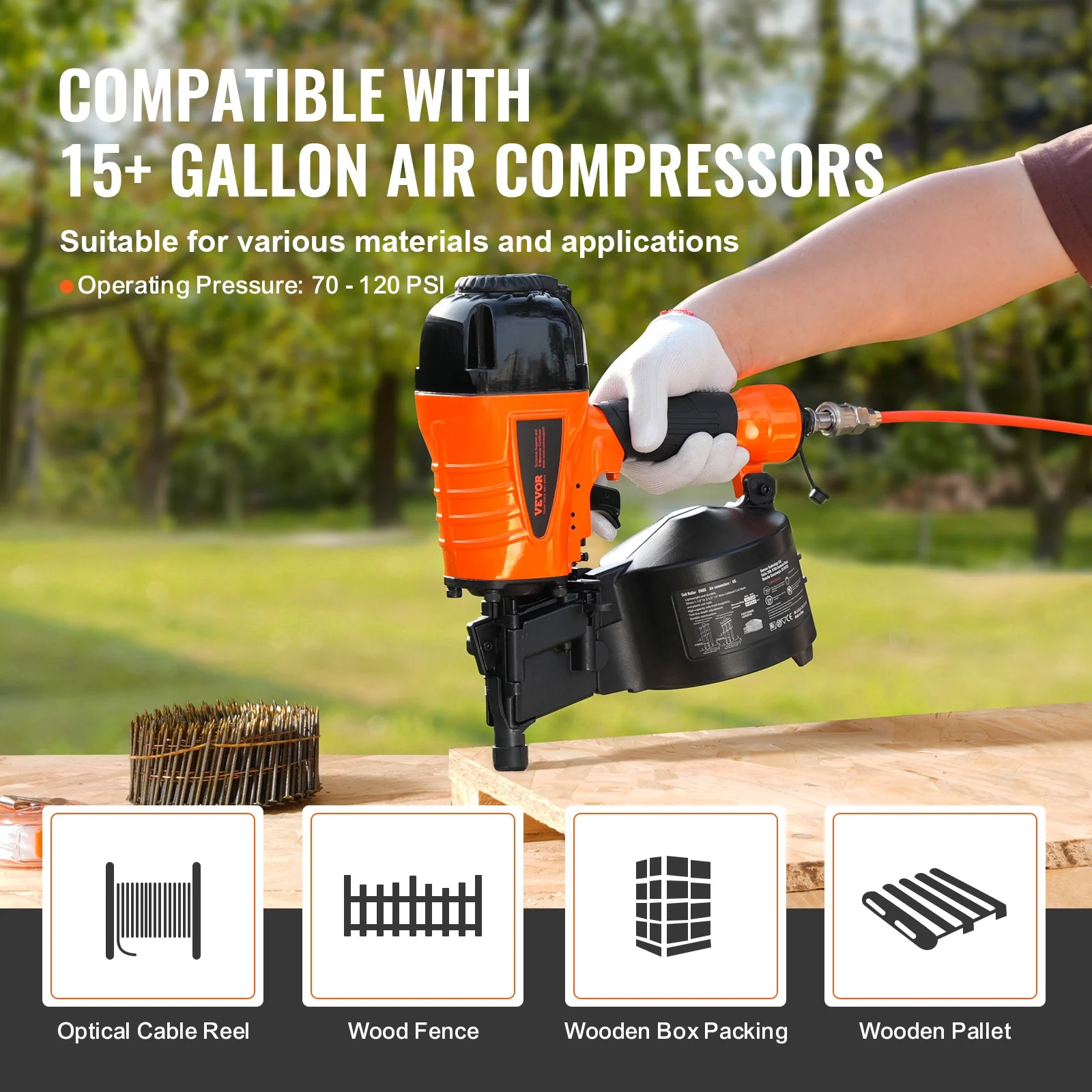 VEVOR Coil Siding Nailer CN65, 1-1/4" to 2-1/2" 15 Degree Pneumatic Siding Nail Gun with Tool-Less Depth Adjustment, 70-120PSI Air Coil Nailer for Siding, Pallet Sheathing, Wooding, Fencing - Image 6