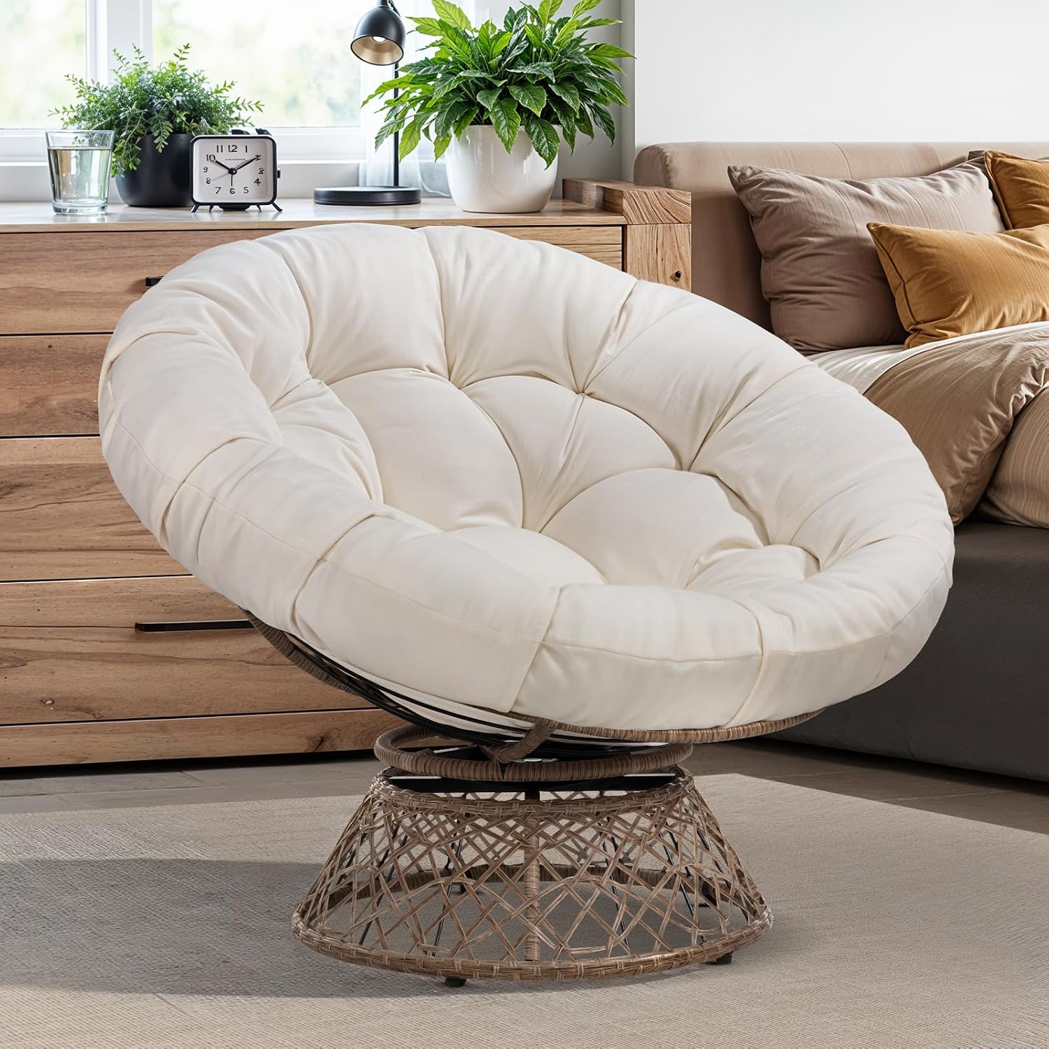 40" Wicker Papasan Chair, 360° Swivel, Arctic Snow, Brown Base - Image 3