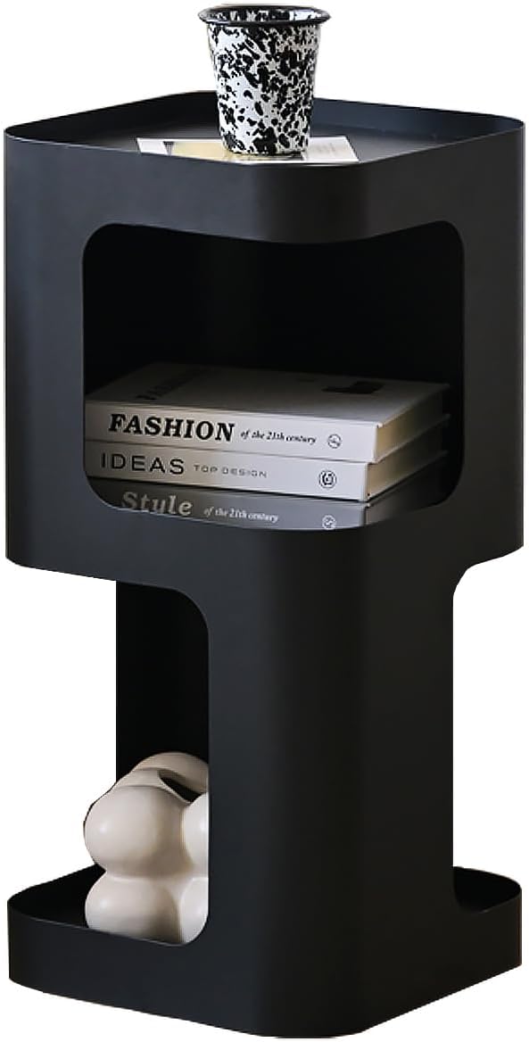 Modern Side Table with Storage for Sofa and Couch, Small End Table for Living Room and Bedroom, Black Metal Nightstand with Open Shelves, No Assembly Required - Image 2