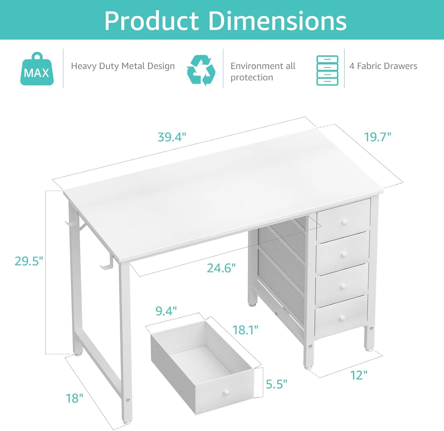 40 Inch Small White Desk with Fabric Drawers, Compact Computer Writing Desk for Home Office, Bedroom and Study - Image 3