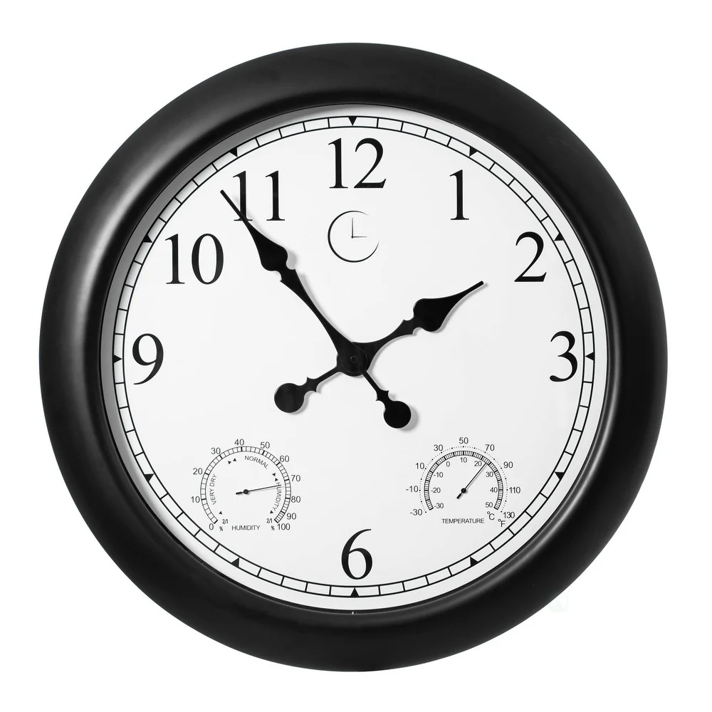 Large Outdoor Wall Clock with Thermometer, Waterproof Silent Garden Weather Station, Black - Image 2
