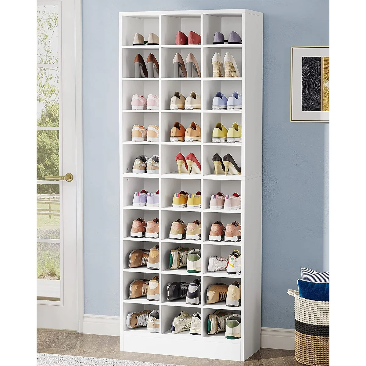 10-Tier Tall Shoe Cabinet, 30-Pair White Wood Shoe Storage Rack for Entryway and Closet - Image 2