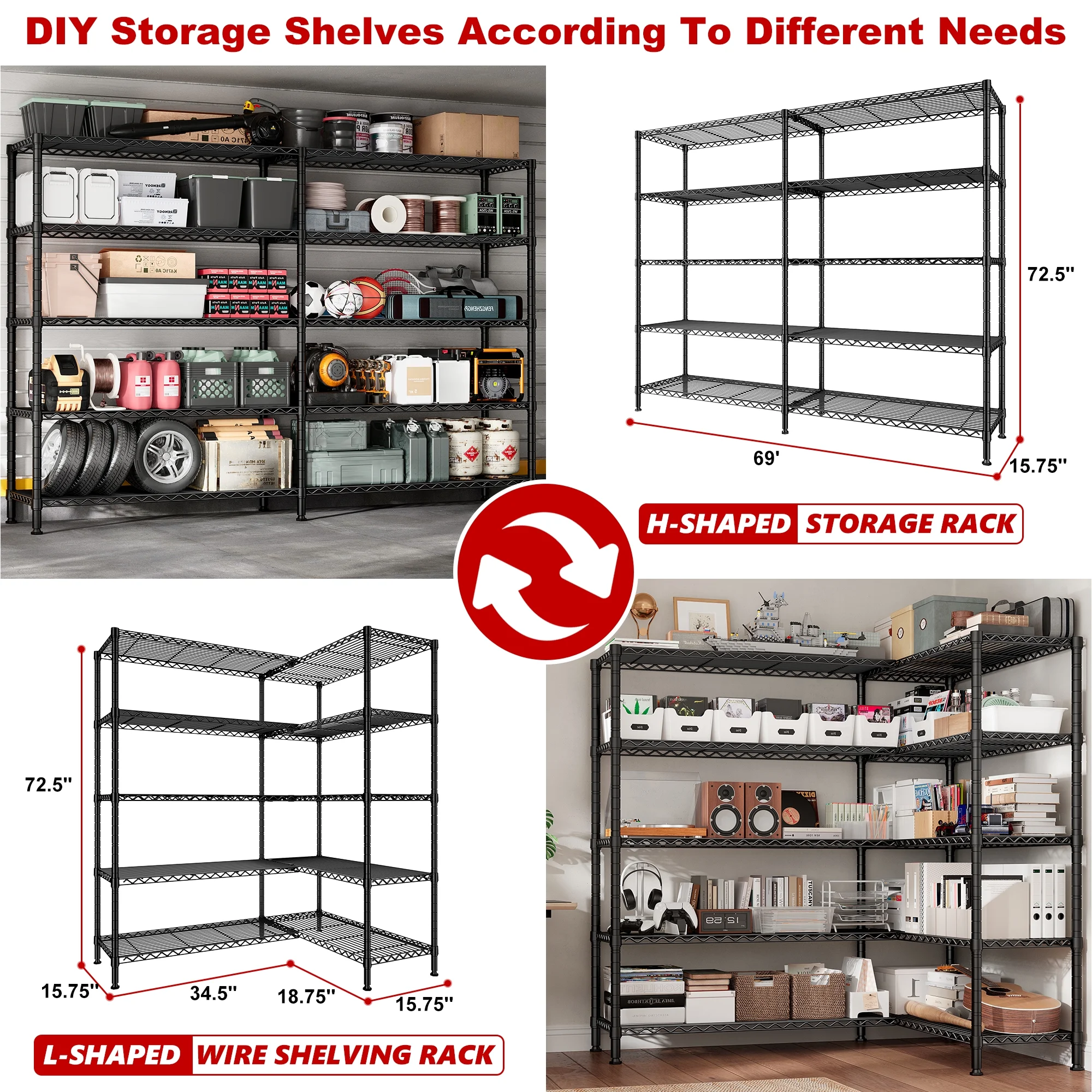 REIBII 68.9"W Heavy Duty Storage Shelves 72.4"H Wire Shelving Unite 5-Tier Adjustable Metal Shelves Garage Shelving Steel Shelf for Kitchen Pantry Basement,Black - Image 8
