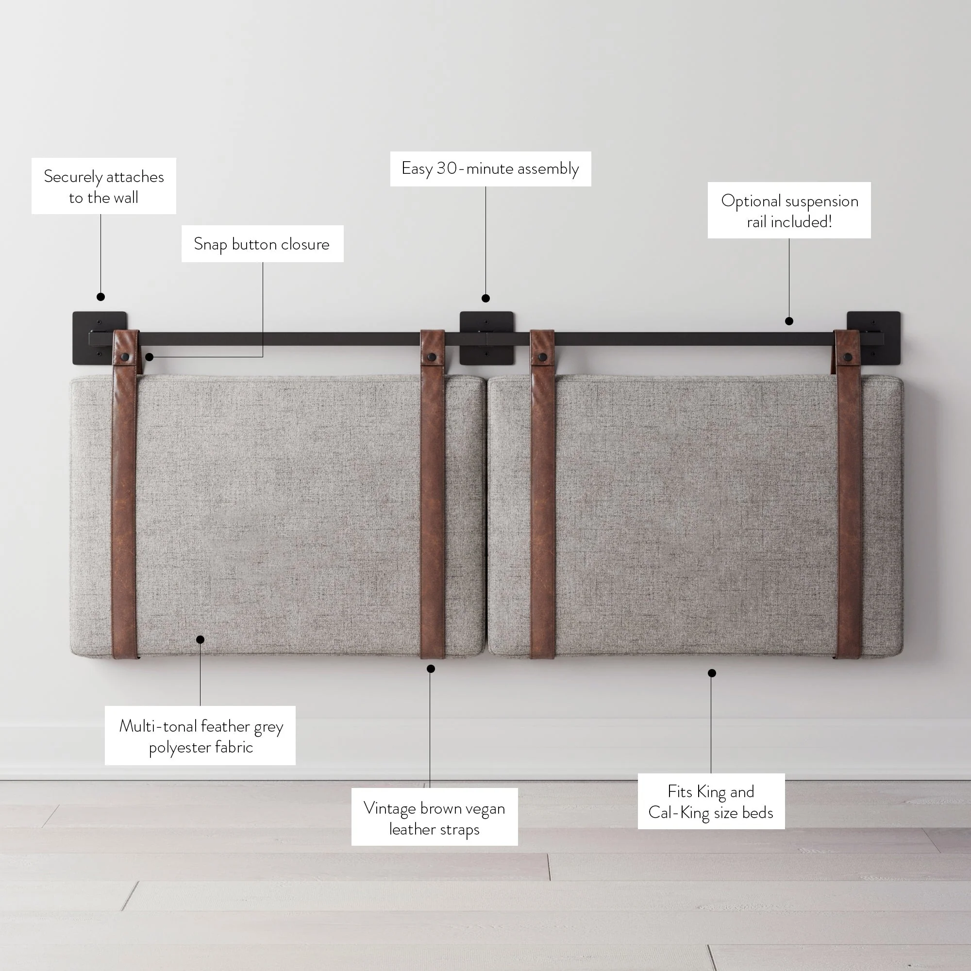 Wall Mount Upholstered Headboard with Metal Rail - Modern Bedroom Headboard - Image 10