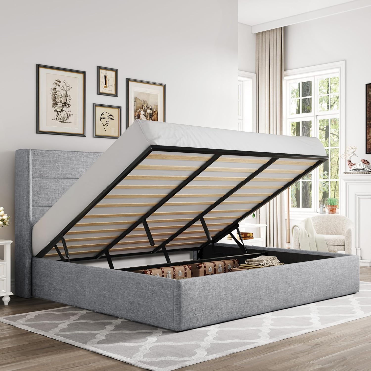 Queen Size Lift Up Storage Bed with Wingback Headboard, Upholstered Platform Bed Frame with Hidden Storage - Image 6