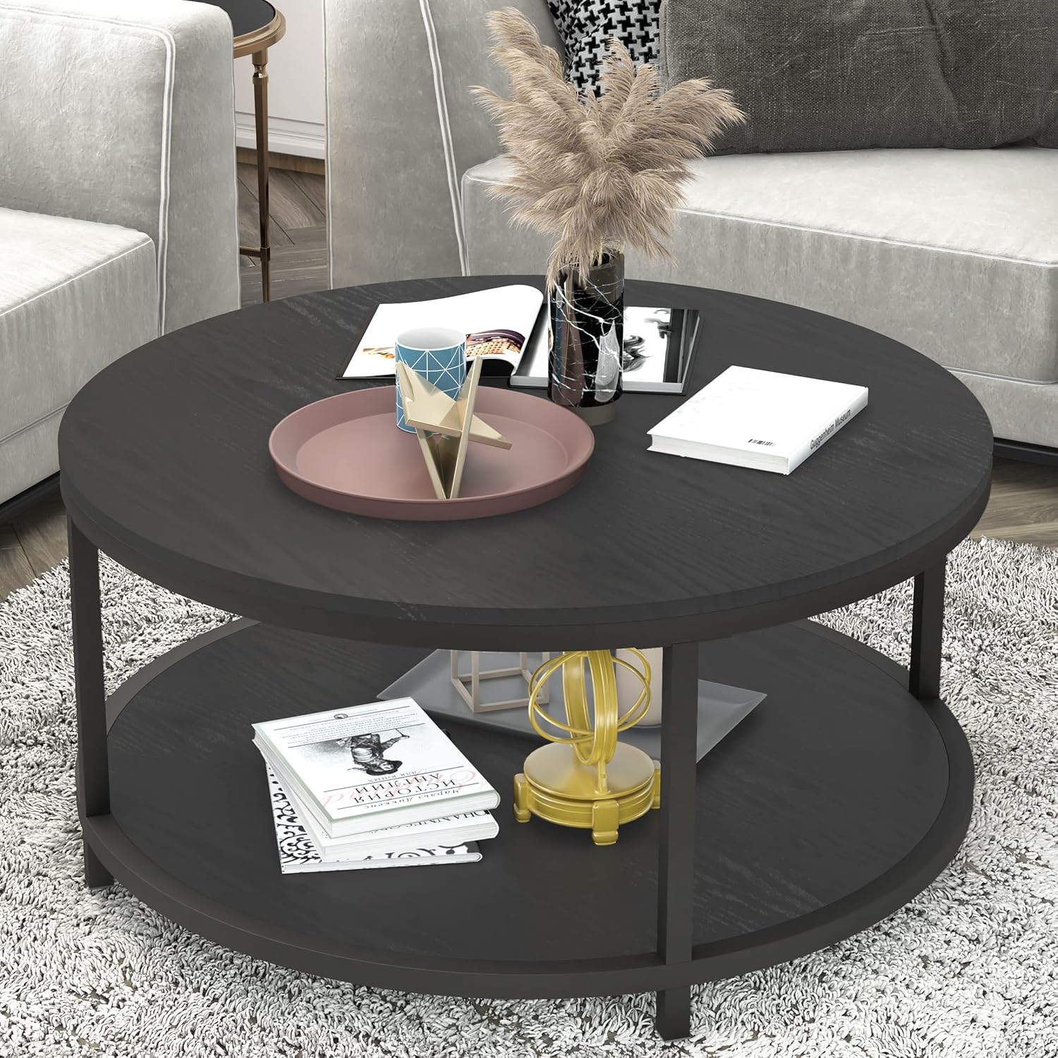 Round Coffee Table, 36" Coffee Table for Living Room, 2-Tier Rustic Wood Desktop with Storage Shelf, Modern Design Home Furniture (Light Walnut) - Image 5