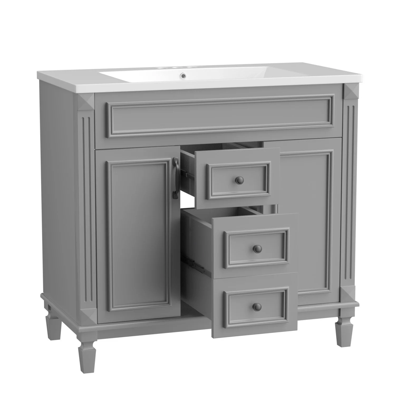 Modern Bathroom Furniture Set, 36" Bathroom Vanity with Top Sink, 35" Wall Mounted Bathroom Storage Cabinet, Mirror Cabinet with 6 Shelves, Storage Cabinet with 2 Doors and 2 Drawers, Grey - Image 10