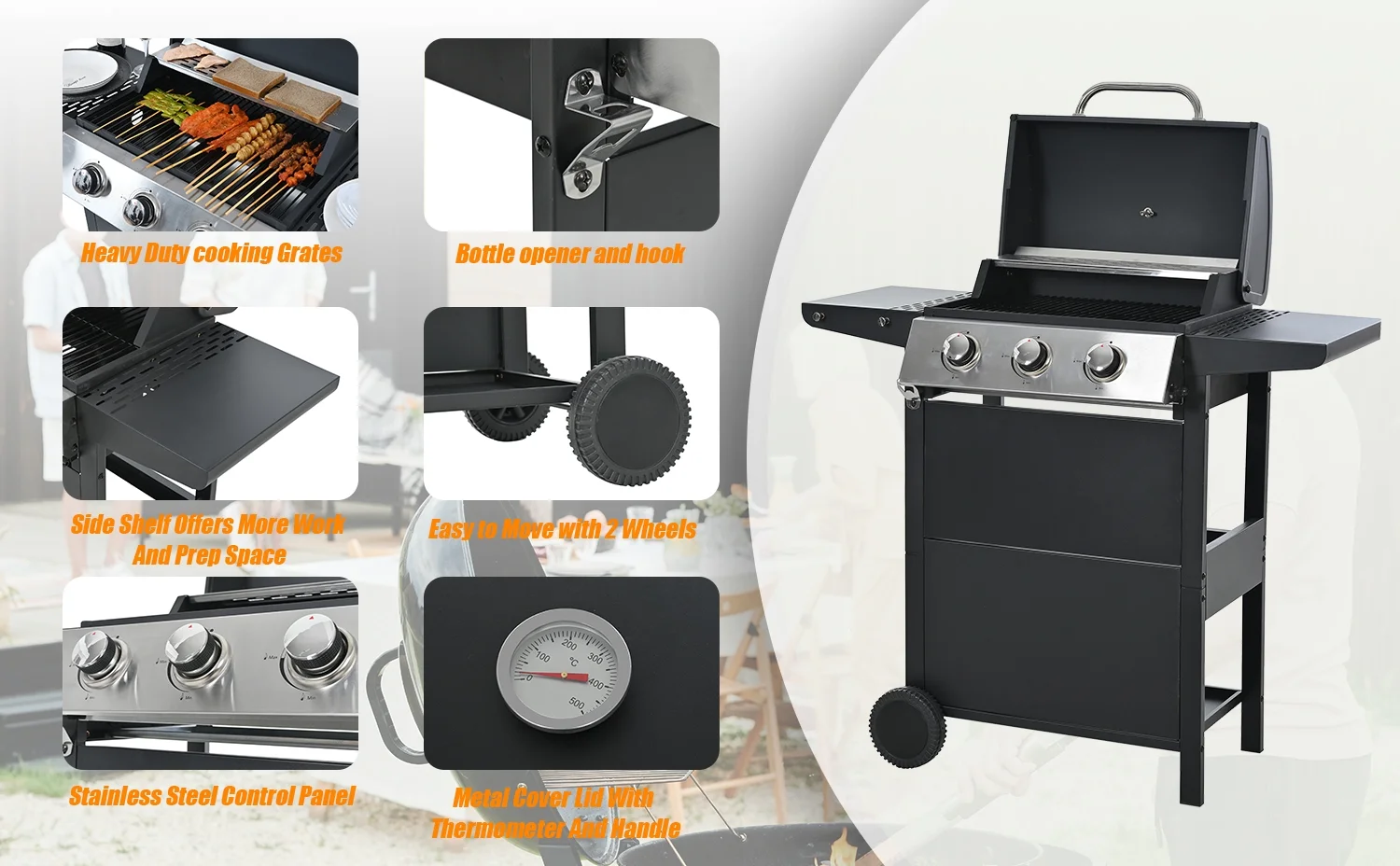 3 Burner BBQ Propane Gas Grill, Stainless Steel 30,000 BTU Patio Garden Barbecue Grill with Two Foldable Shelves - Image 4