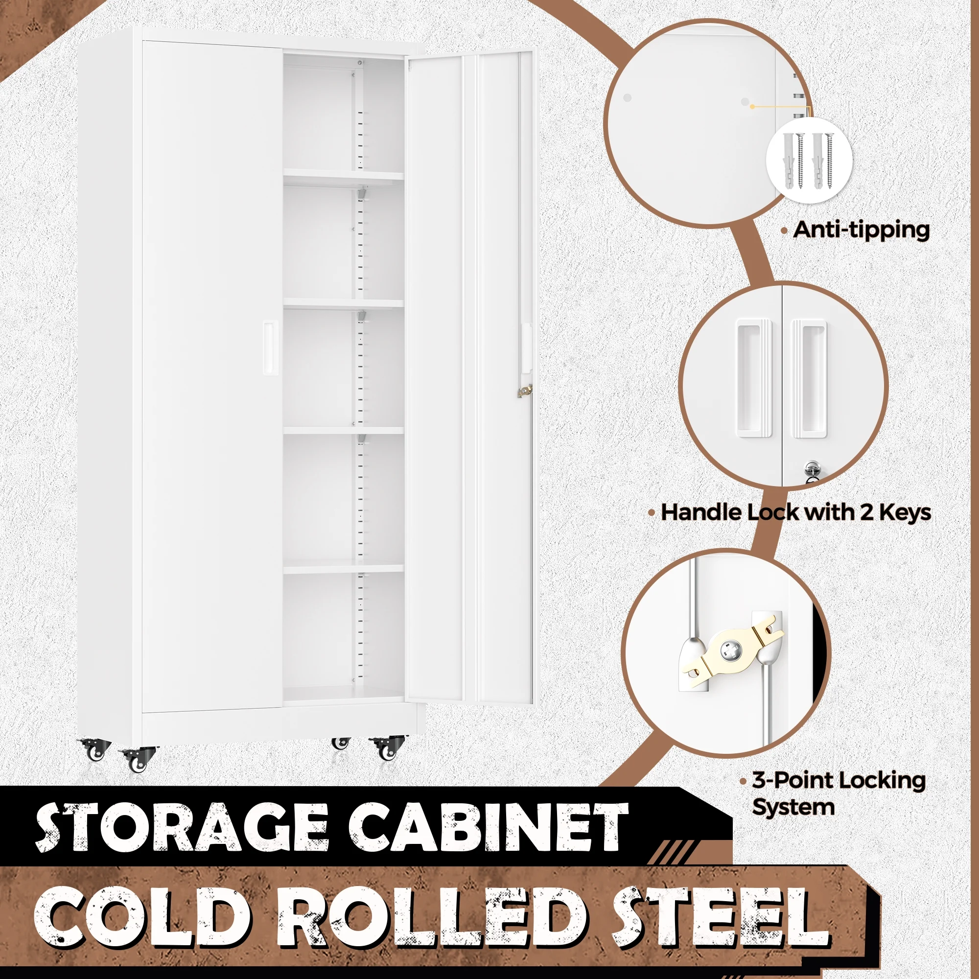 SOLAURA Metal Storage Cabinet with Wheels, 73" Garage Rolling Cabinet with Locking Door and 4 Shelves, Tool Cabinet on Caster for Home, Office, Black - Image 37