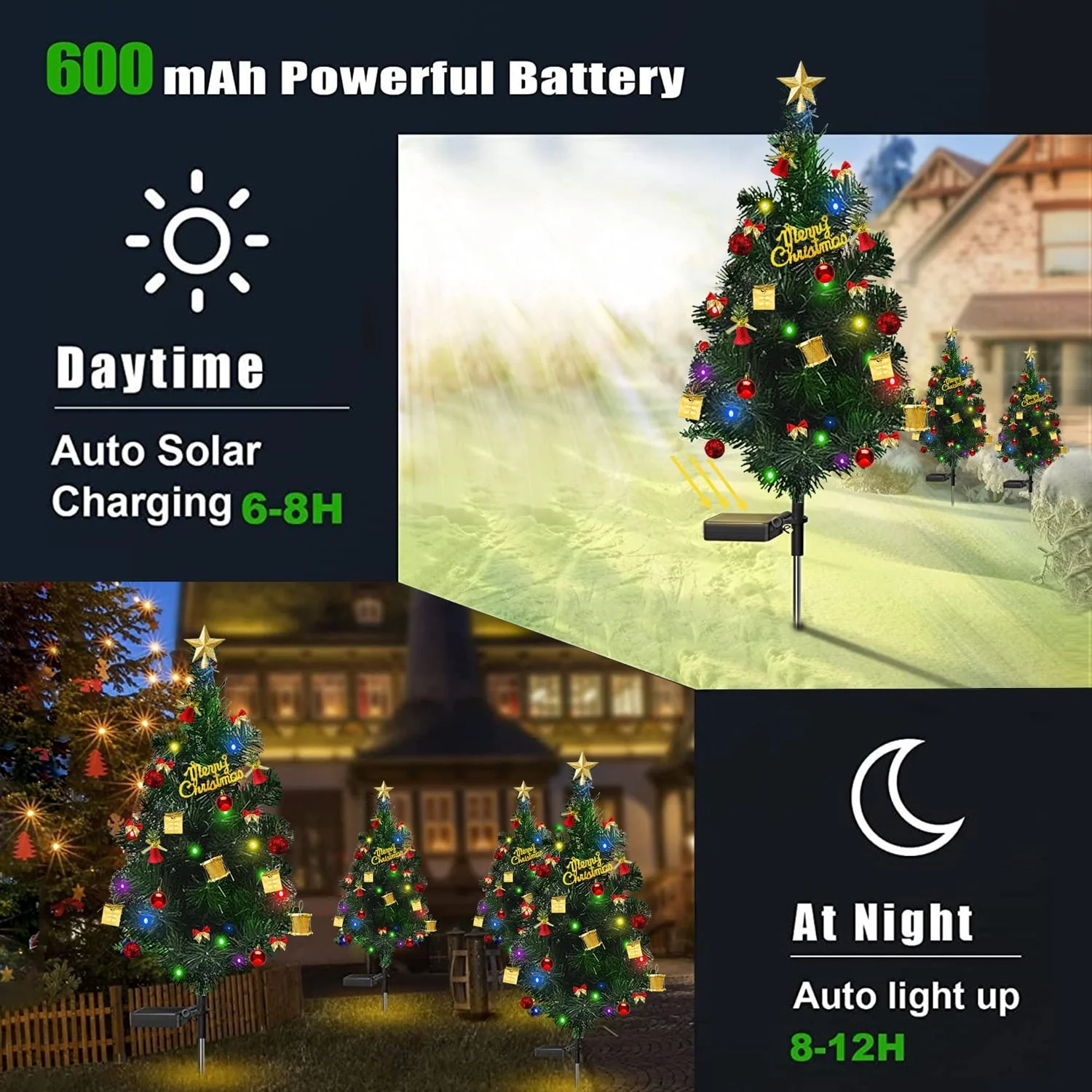 2 Pack Mini Christmas Tree with Lights Ornaments, 20LED-Lights Solar Powered Garden Stake Lights Xmas Tree - Image 2
