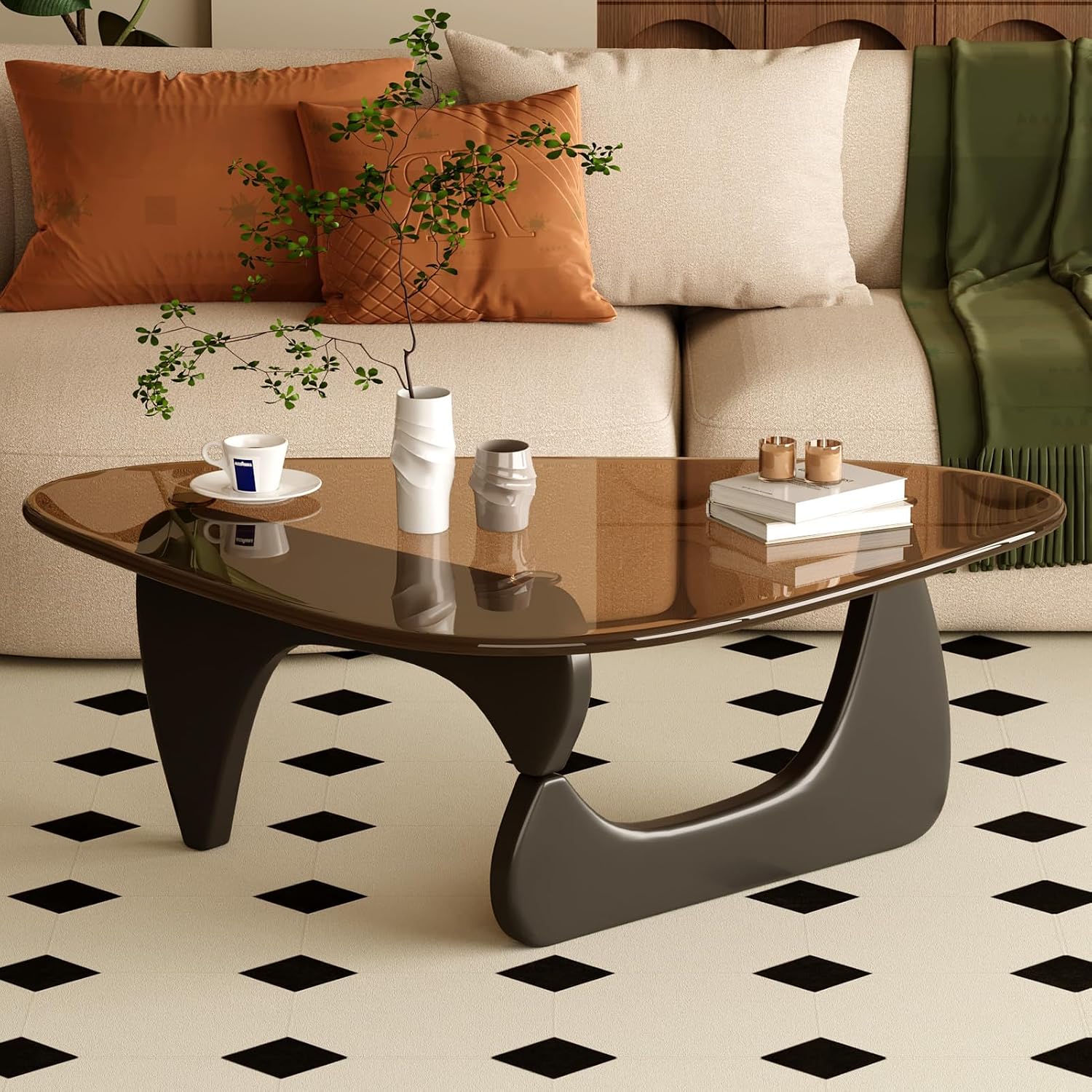 Coffee Table for Living Room Mid Century Modern Center Table with Glass Top and Wood, 32 Inch, Brown/Walnut