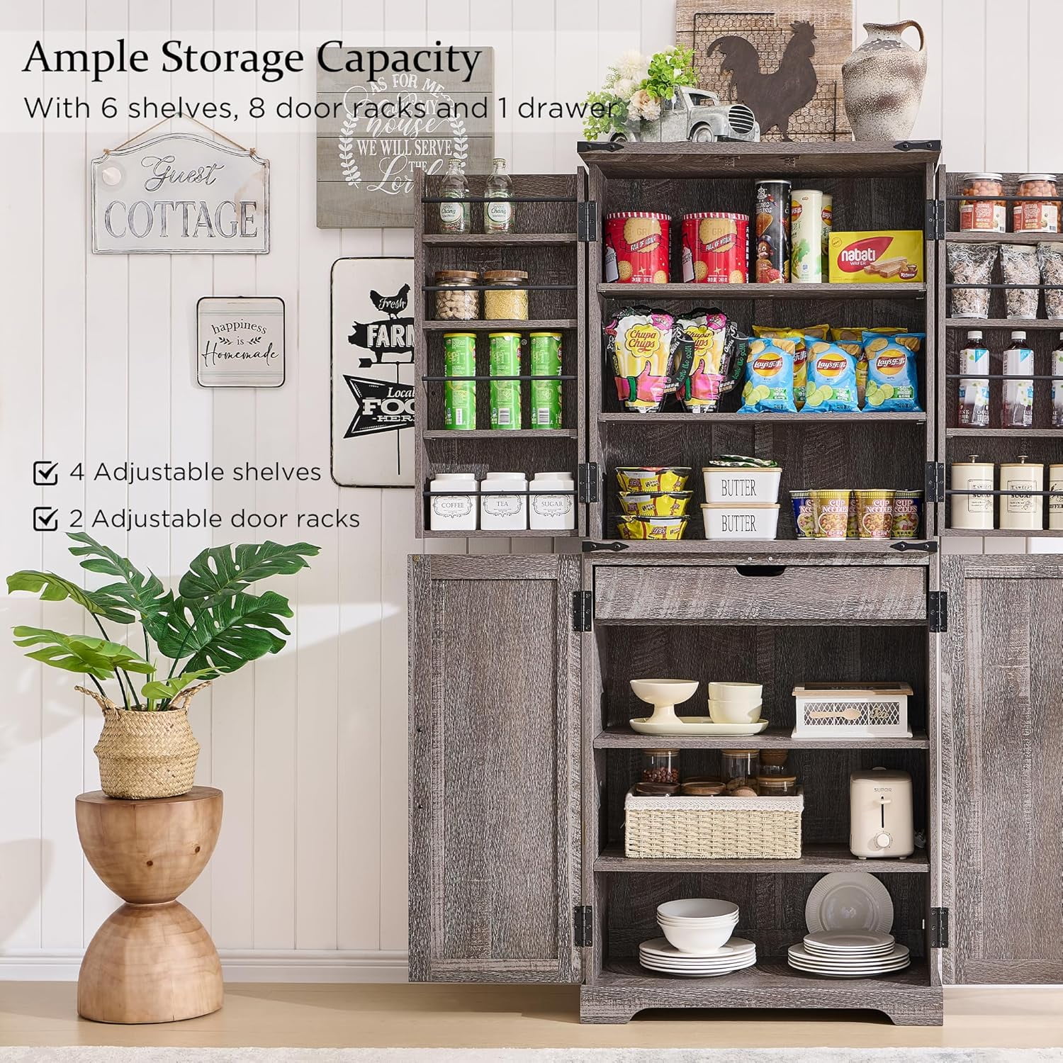 47" Kitchen Pantry, Farmhouse Storage Cabinet with Barn Doors, Organizer and Adjustable Shelves, Rustic Wood Cupboard for Kitchen, Dining Room, Bathroom and Hallway, Black - Image 23