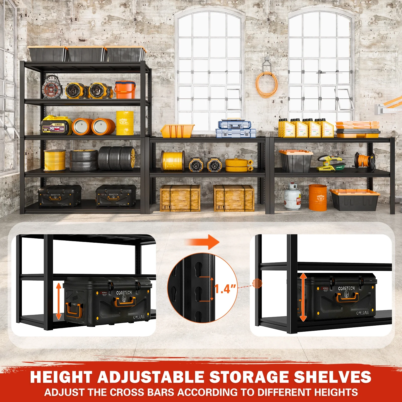 REIBII 48.2"W Garage Shelving Heavy Duty 3000LBS Storage Shelves Adjustable 5 Tier Metal Shelving,48.2''L X 24.5''W X 72''H - Image 13