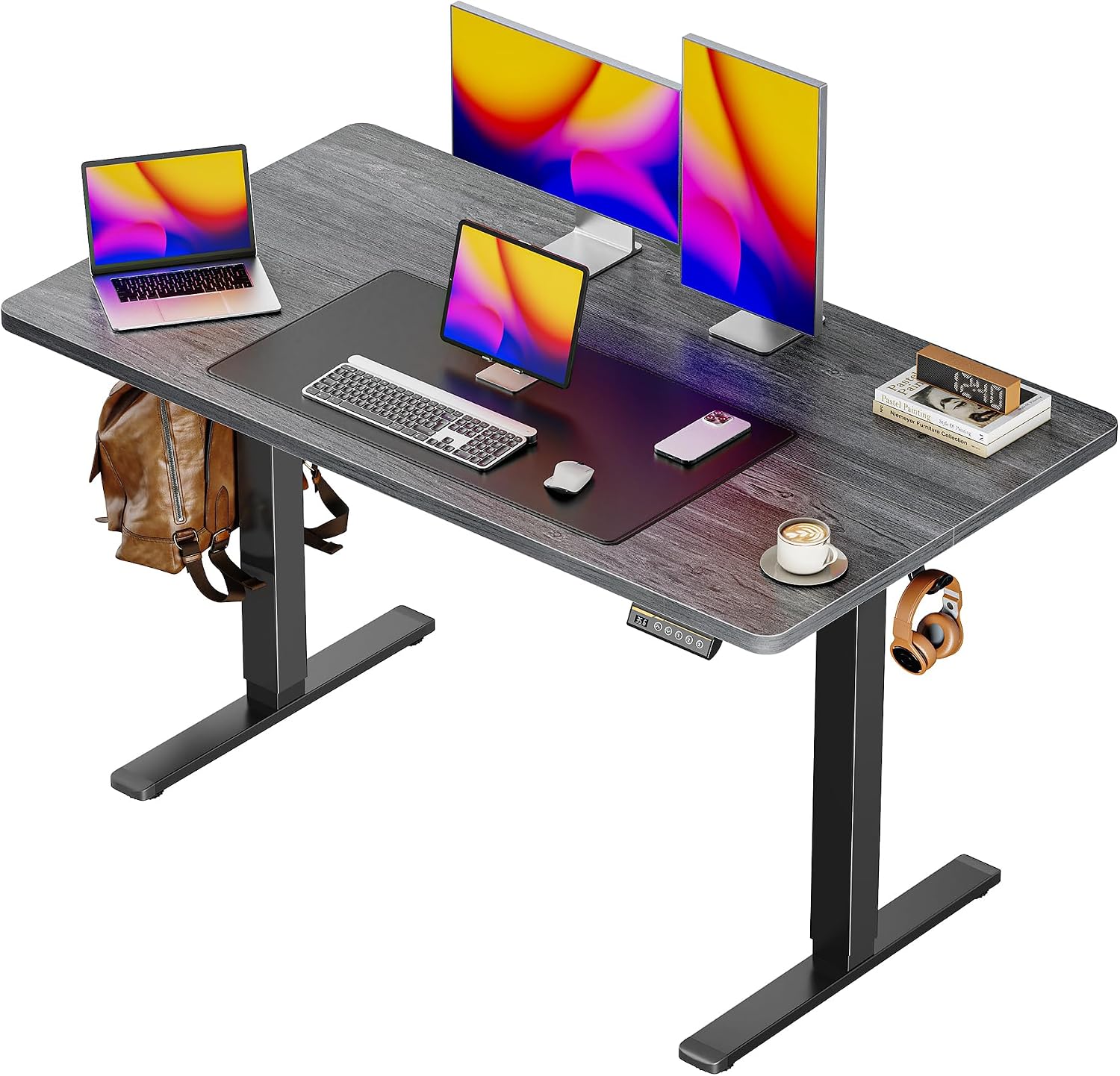 55 x 28 Large Electric Standing Desk, Height Adjustable Computer Desk, 27.6" Deep Desktop, Stand up Gaming Office Desk with 2 Hooks, 3 Preset Heights, for Home Office, Rustic Brown - Image 16