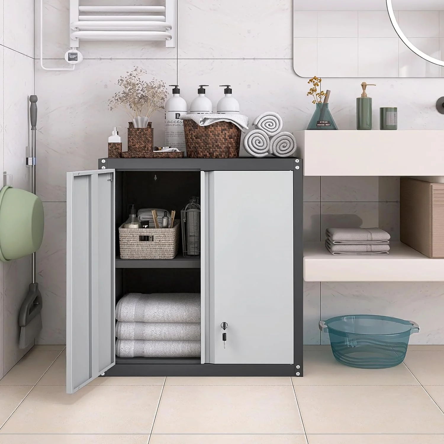 Garage Storage Cabinets Wall Mounted, 28-H Wall Cabinet Storage for Tools, Metal Cabinets with Doors and Shelves, Locking Wall Cabinet, Floating Garage Tool Cabinet for Warehouse - Image 9