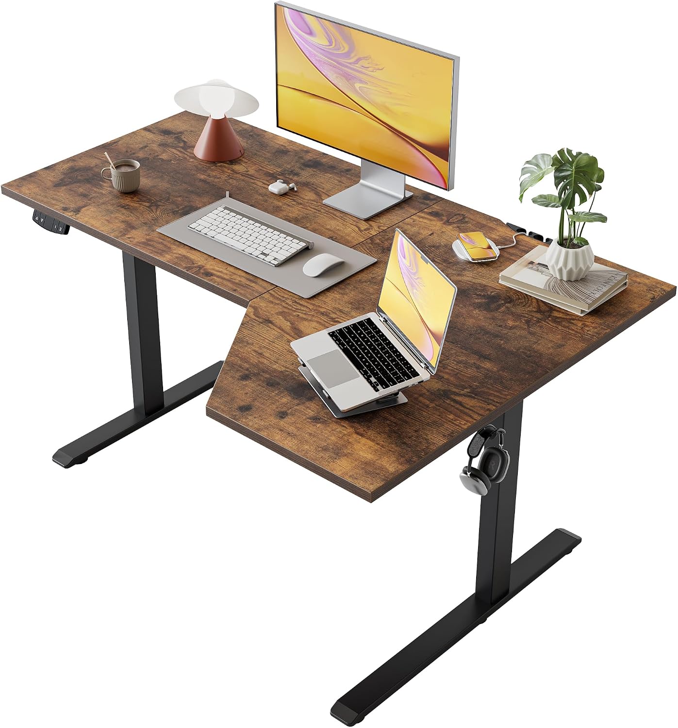 55 x 32 Inch Corner L Shaped Electric Standing Desk, Rustic Brown - Image 4